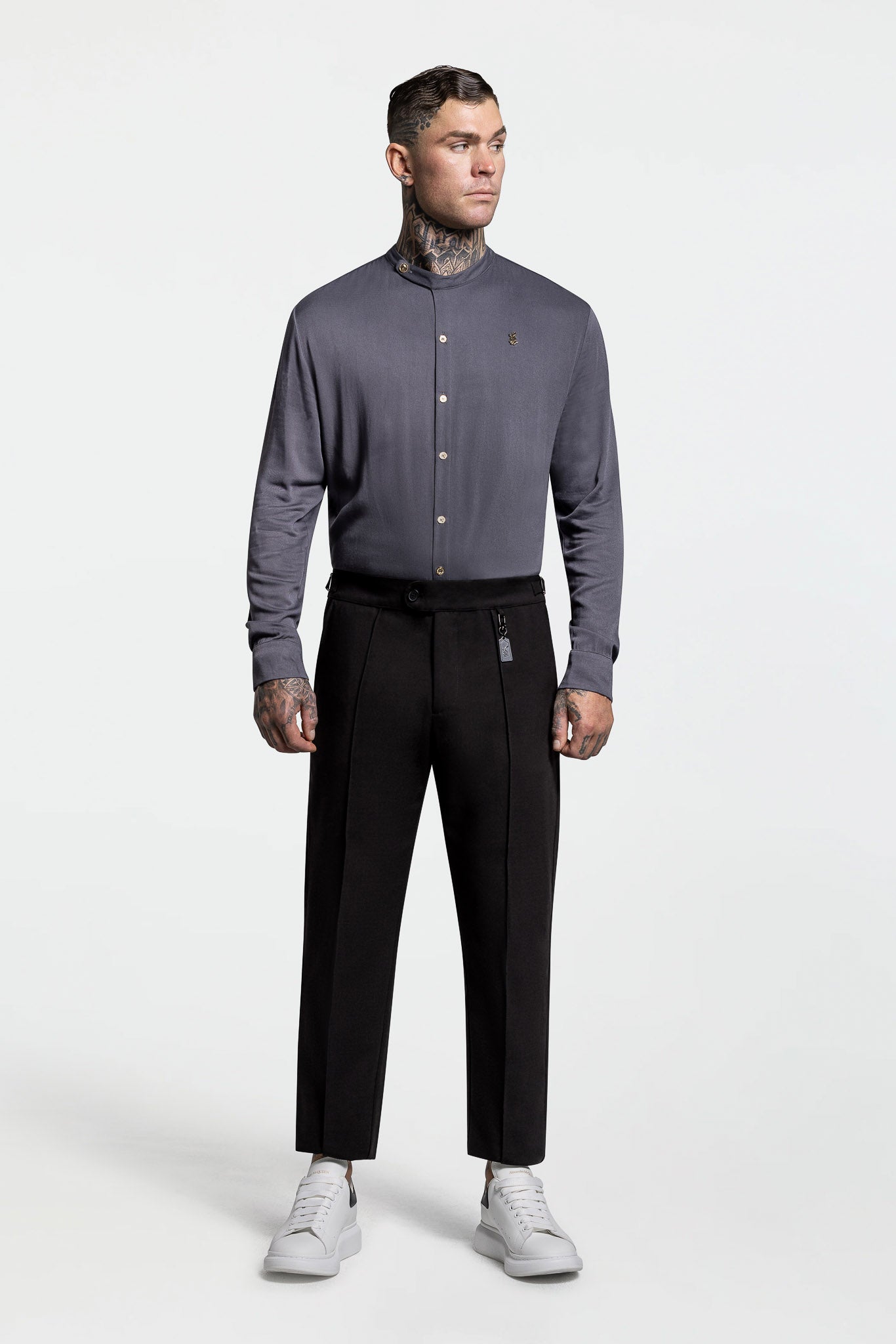 SIDE BUTTON GRANDAD COLLAR SHIRT – DARK GREY