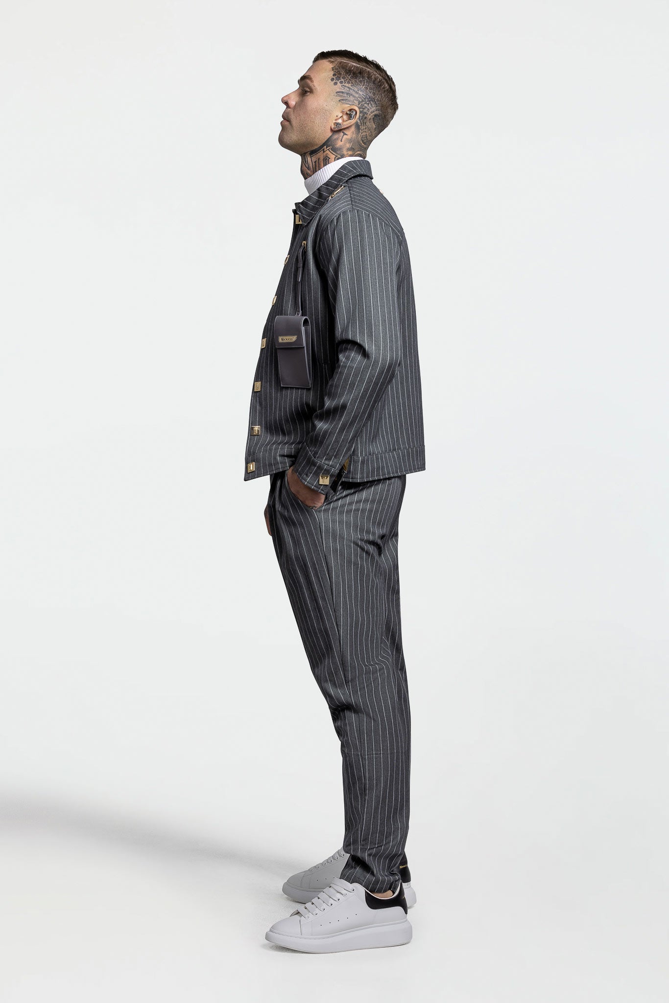 LEATHER STRAPPED JACKET – GREY PINSTRIPE