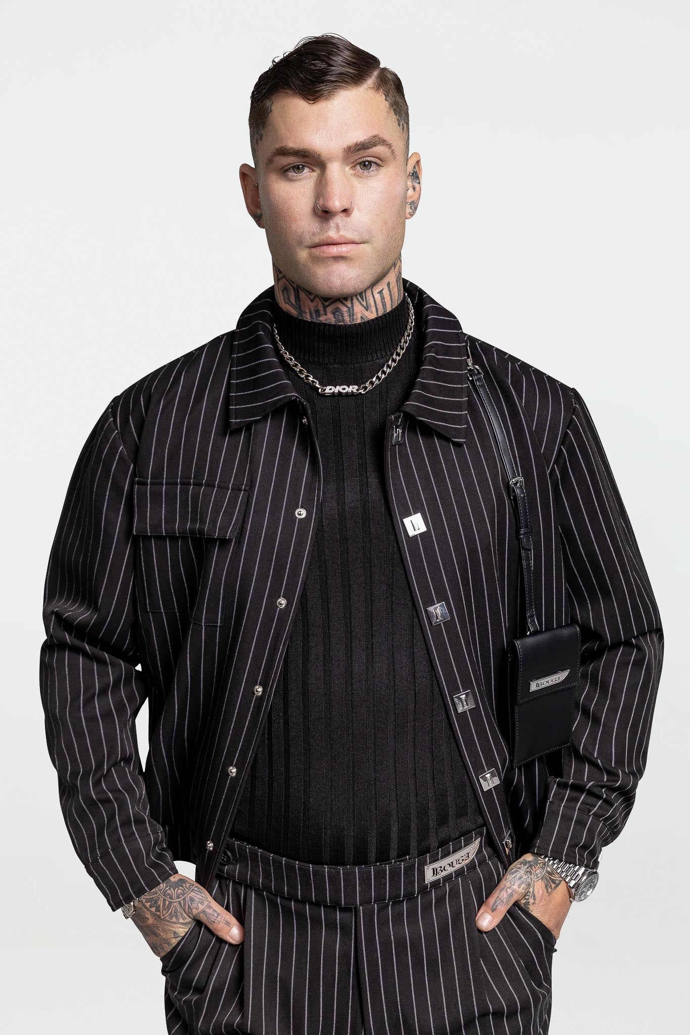 LEATHER STRAPPED JACKET – BLACK PINSTRIPE