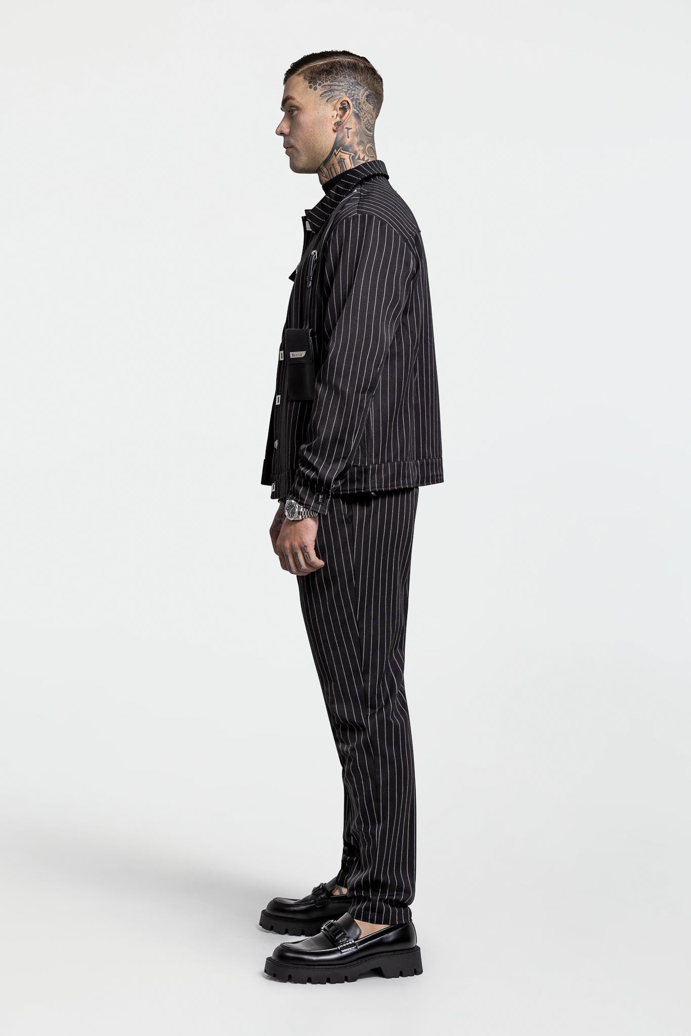 LEATHER STRAPPED JACKET – BLACK PINSTRIPE