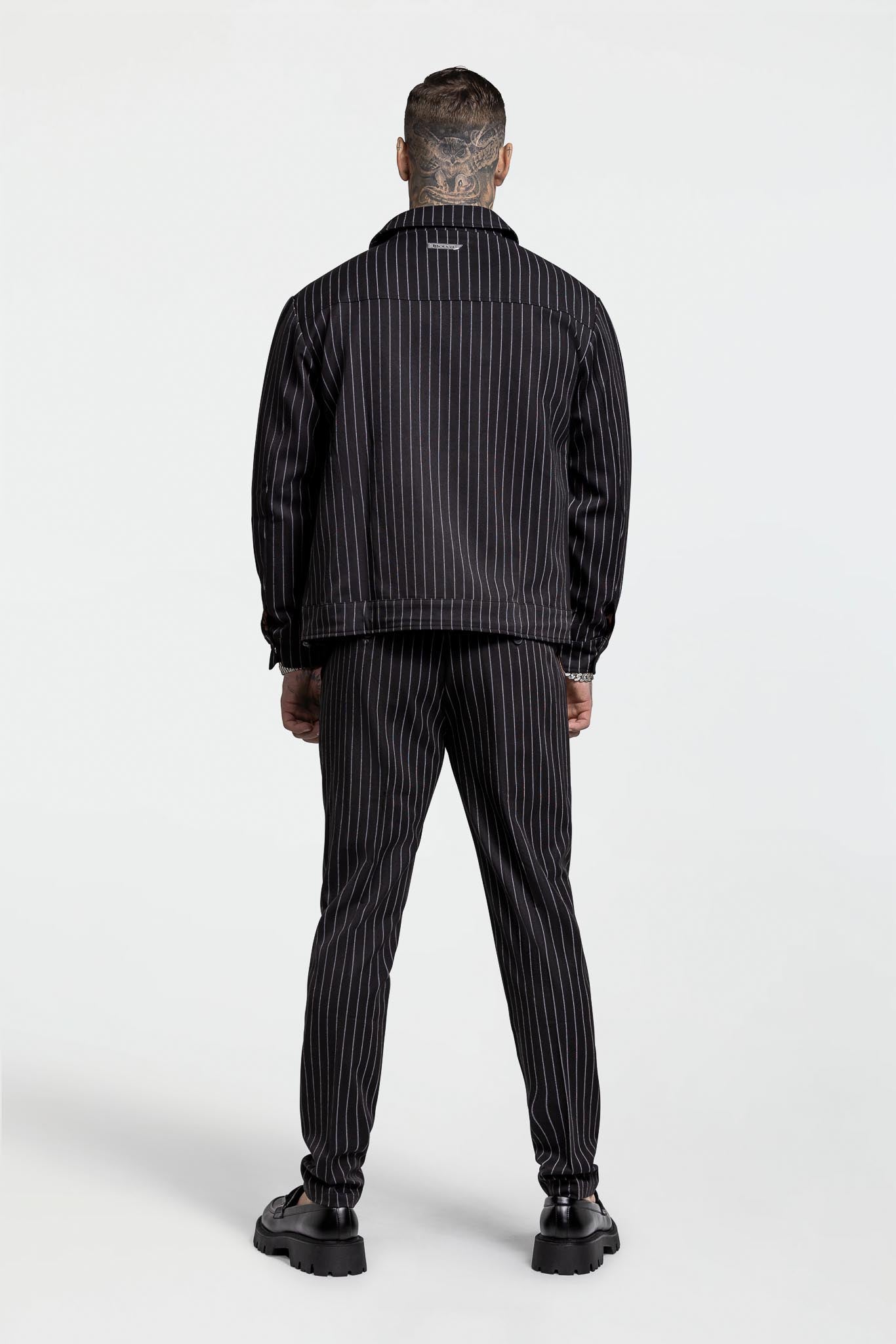 LEATHER STRAPPED JACKET – BLACK PINSTRIPE