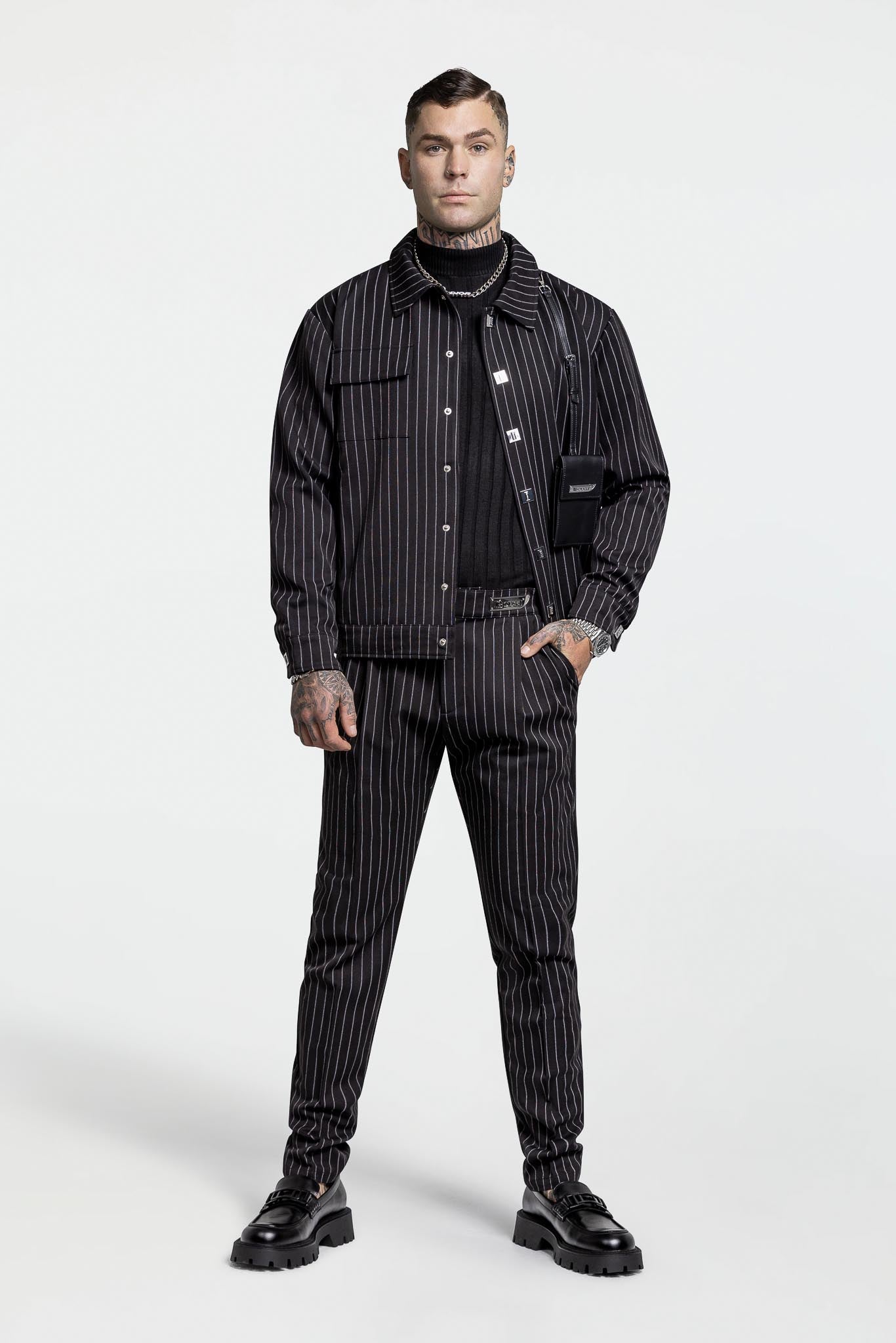 LEATHER STRAPPED JACKET – BLACK PINSTRIPE