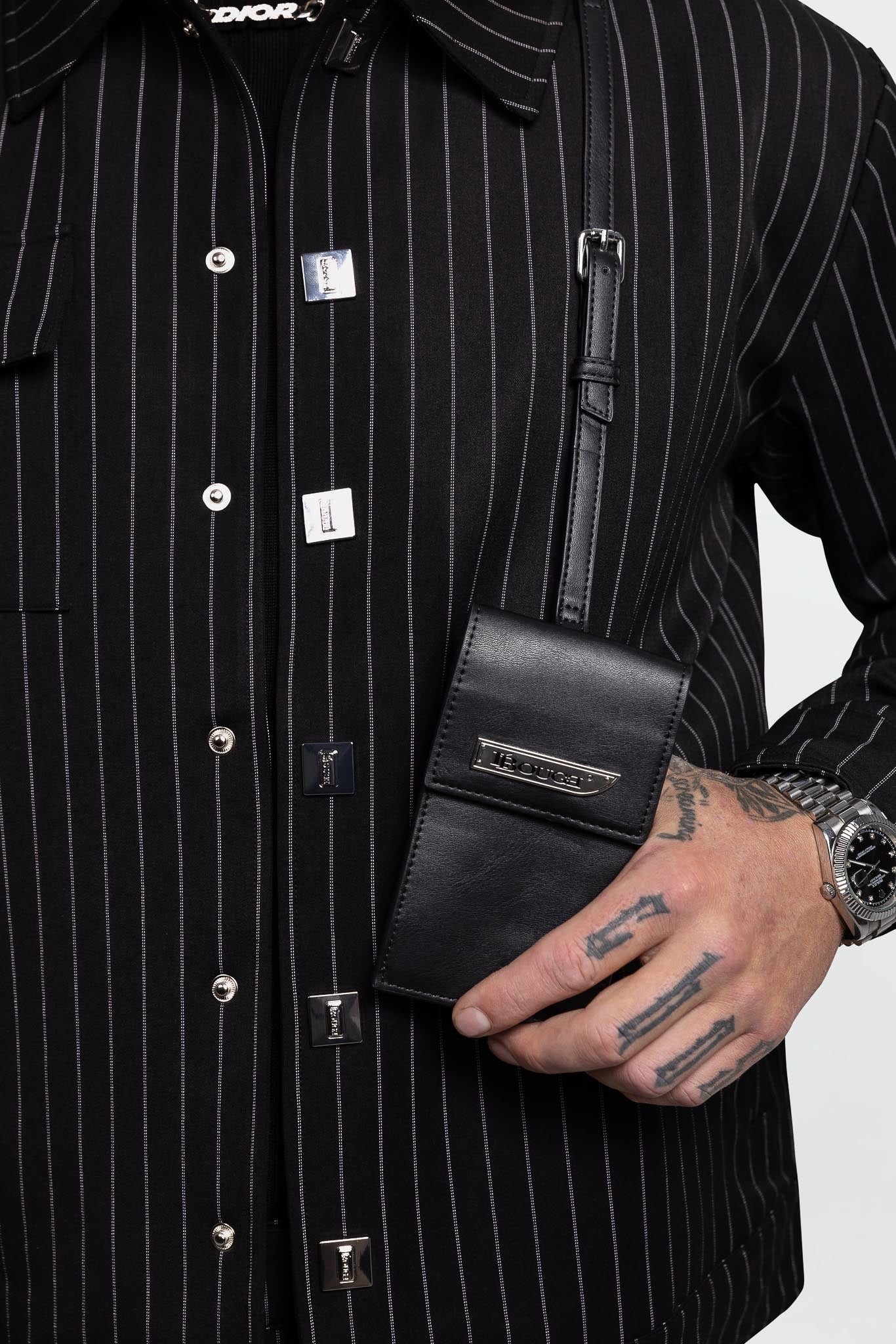 LEATHER STRAPPED JACKET – BLACK PINSTRIPE