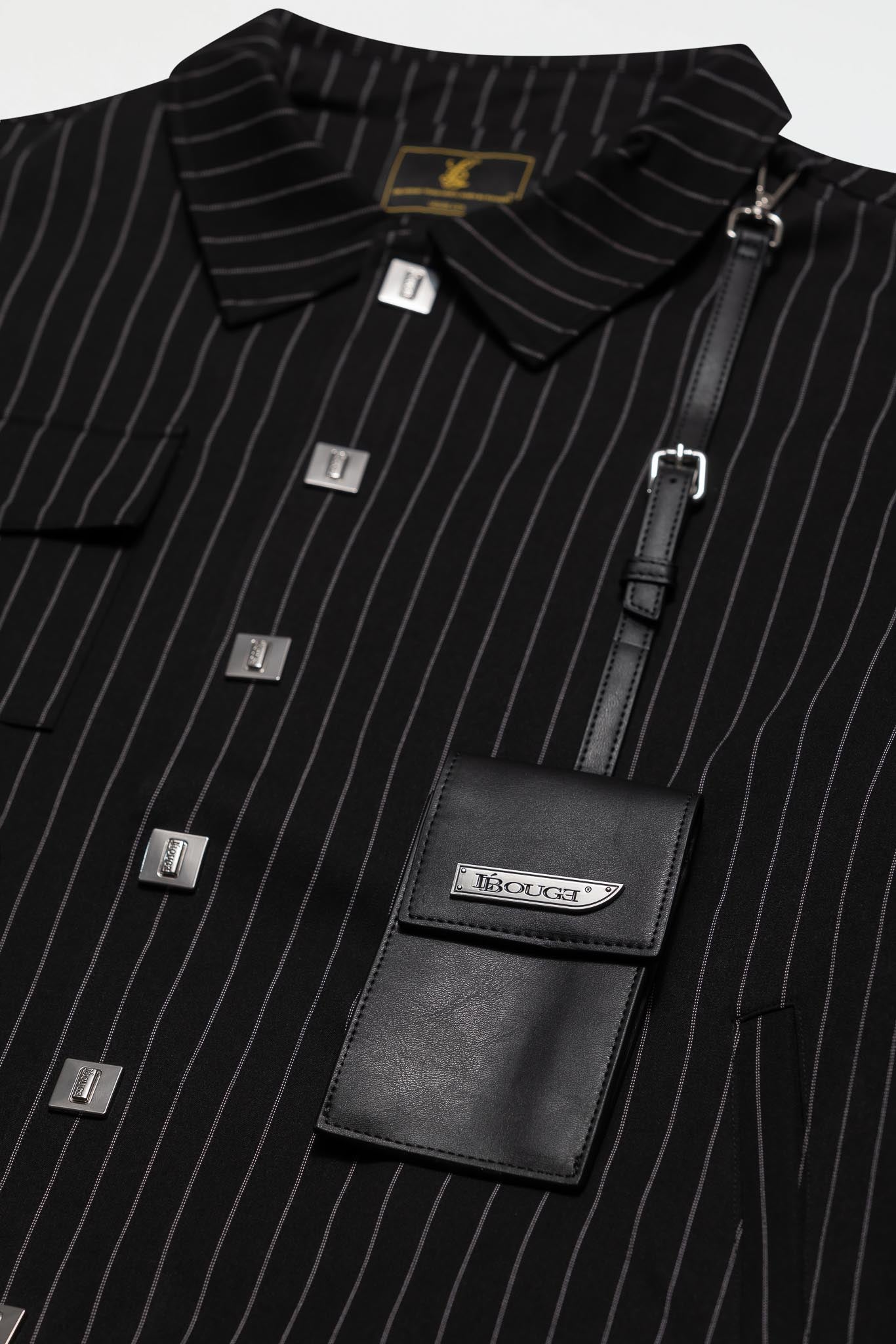 LEATHER STRAPPED JACKET – BLACK PINSTRIPE