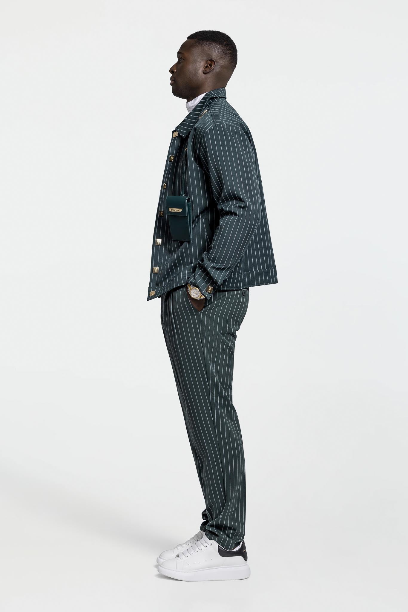LEATHER STRAPPED JACKET – GREEN PINSTRIPE
