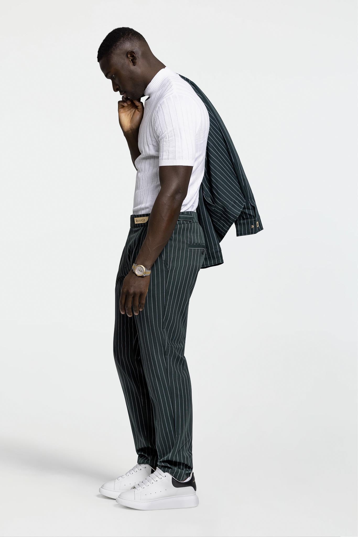 PLEATED PANTS – GREEN PINSTRIPE