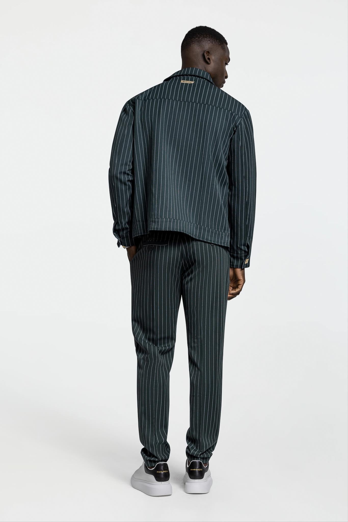 LEATHER STRAPPED JACKET – GREEN PINSTRIPE