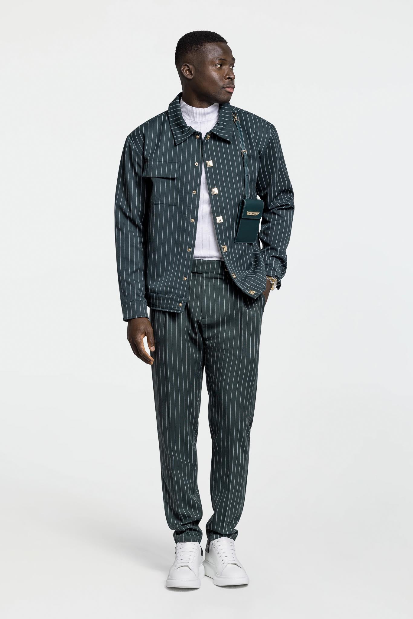 PLEATED PANTS – GREEN PINSTRIPE