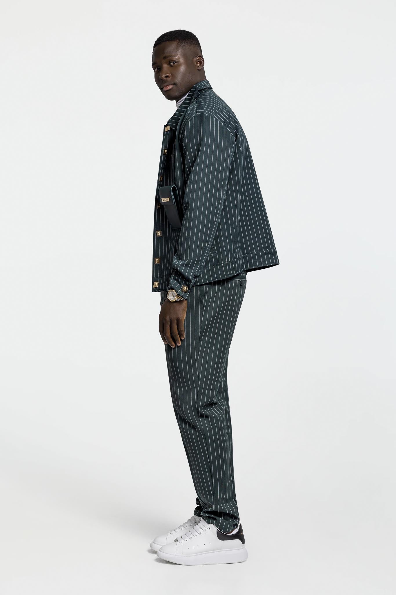 PLEATED PANTS – GREEN PINSTRIPE