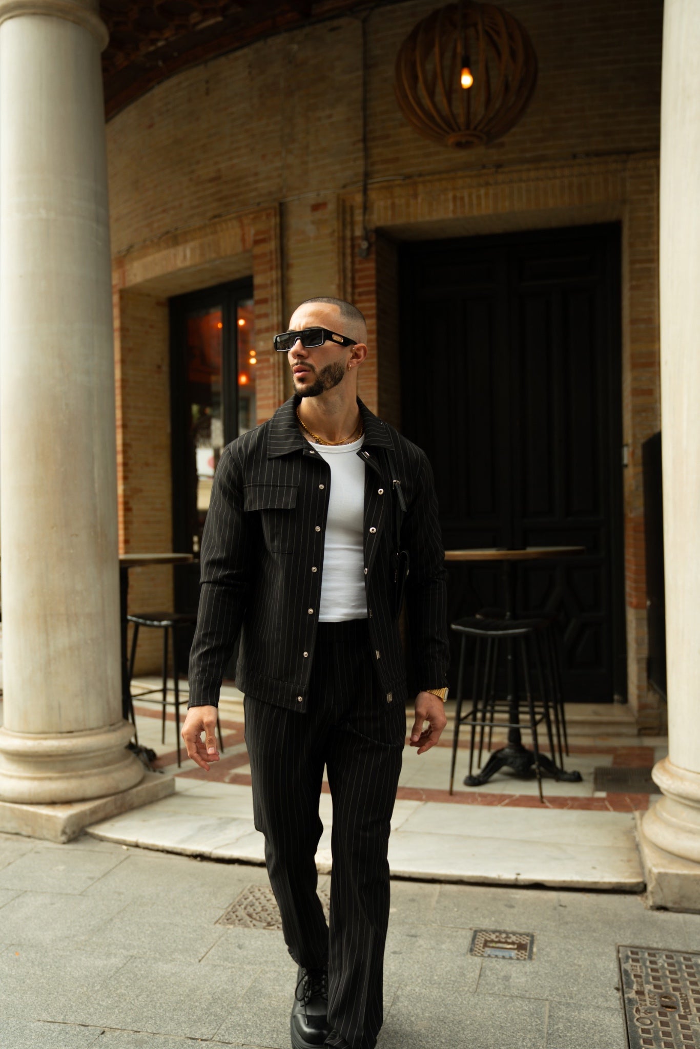 LEATHER STRAPPED JACKET – BLACK PINSTRIPE