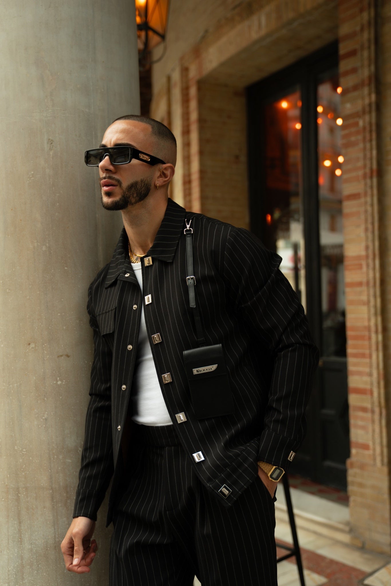 LEATHER STRAPPED JACKET – BLACK PINSTRIPE