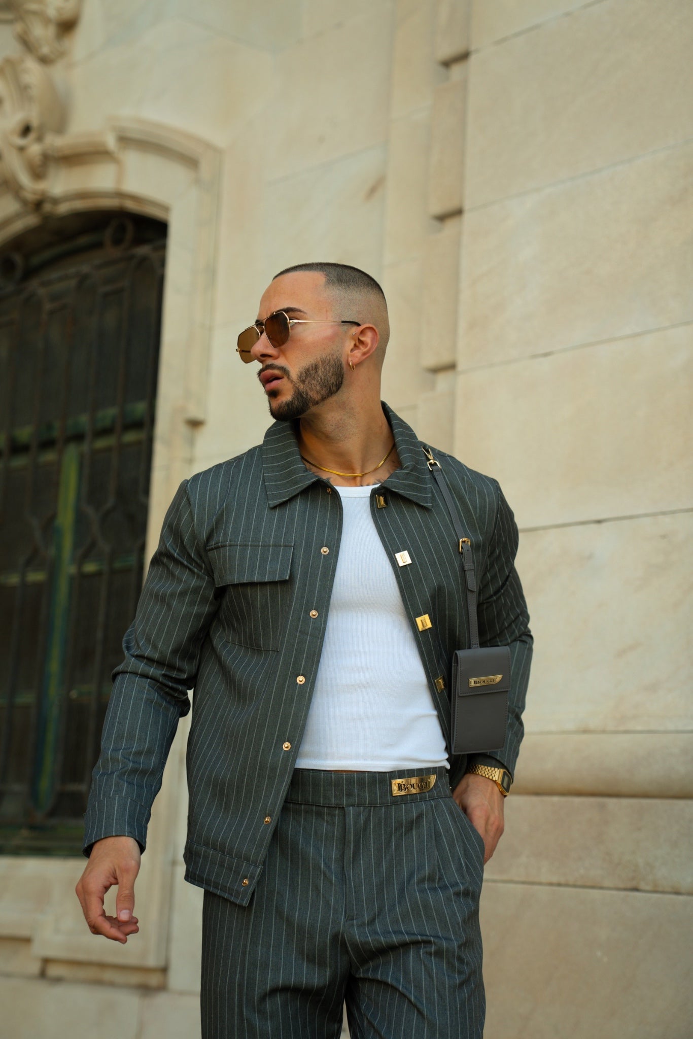 LEATHER STRAPPED JACKET – GREY PINSTRIPE