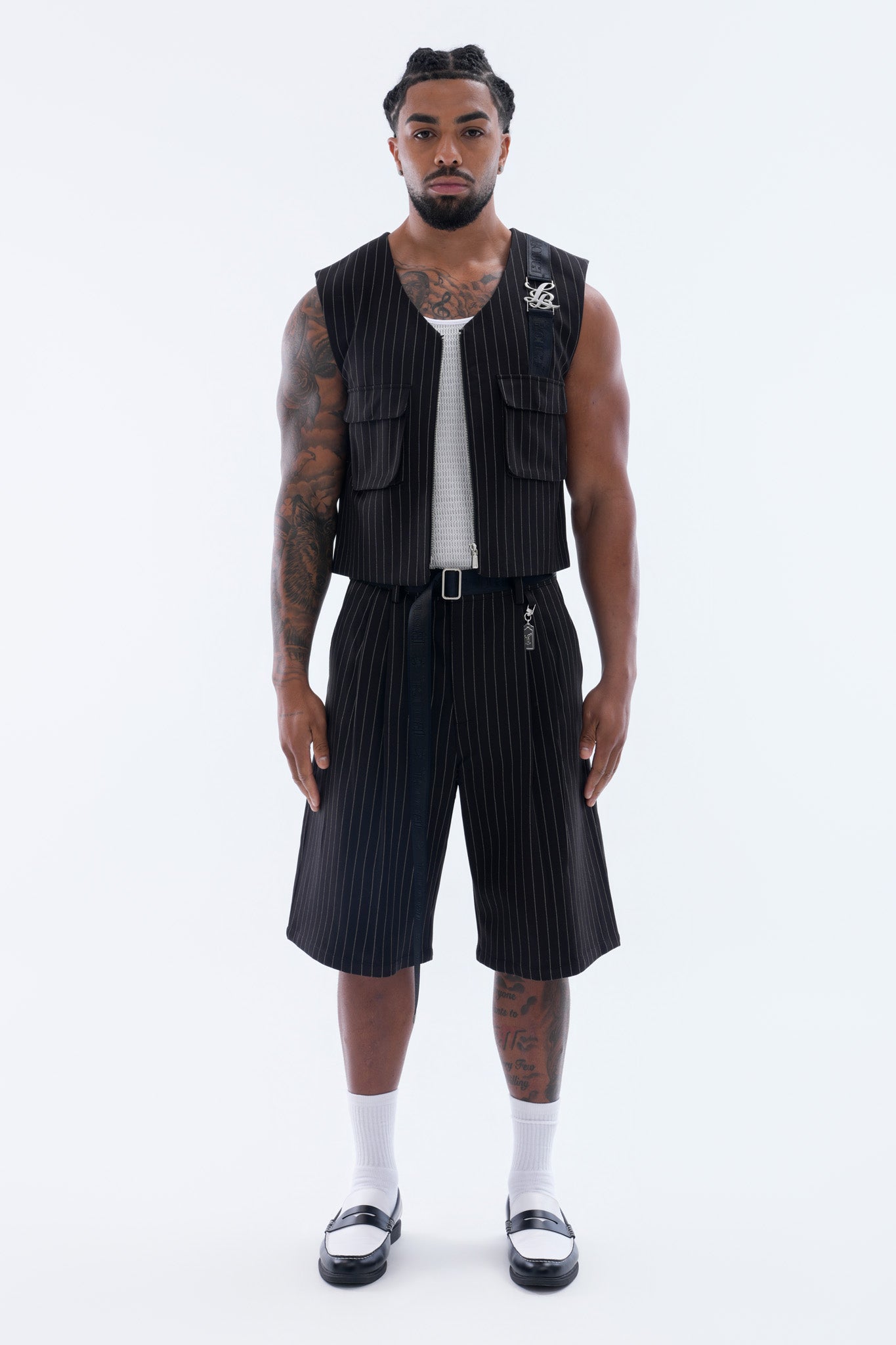 LEGACY PLEATED SHORTS - BLACK PINSTRIPE