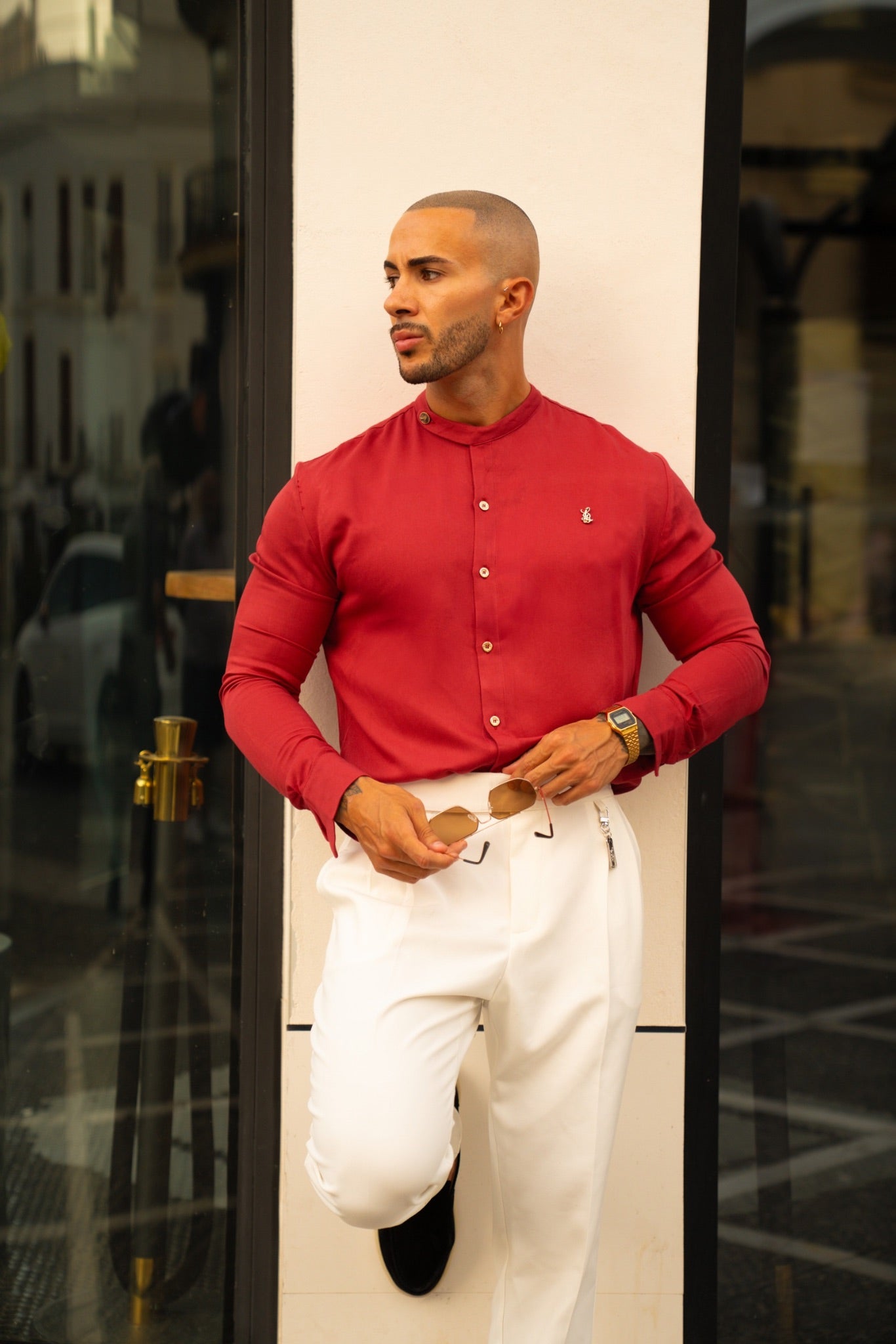 SIDE BUTTON GRANDAD COLLAR SHIRT – CARDINAL RED