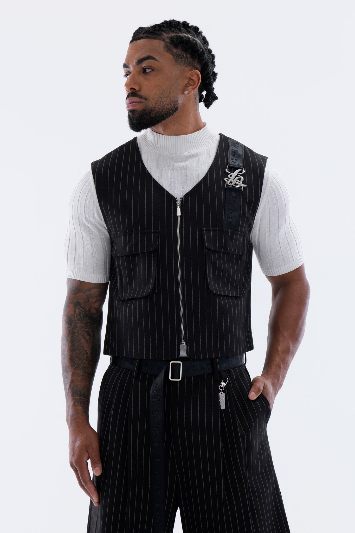 LEGACY CROPPED VEST – BLACK PINSTRIPE