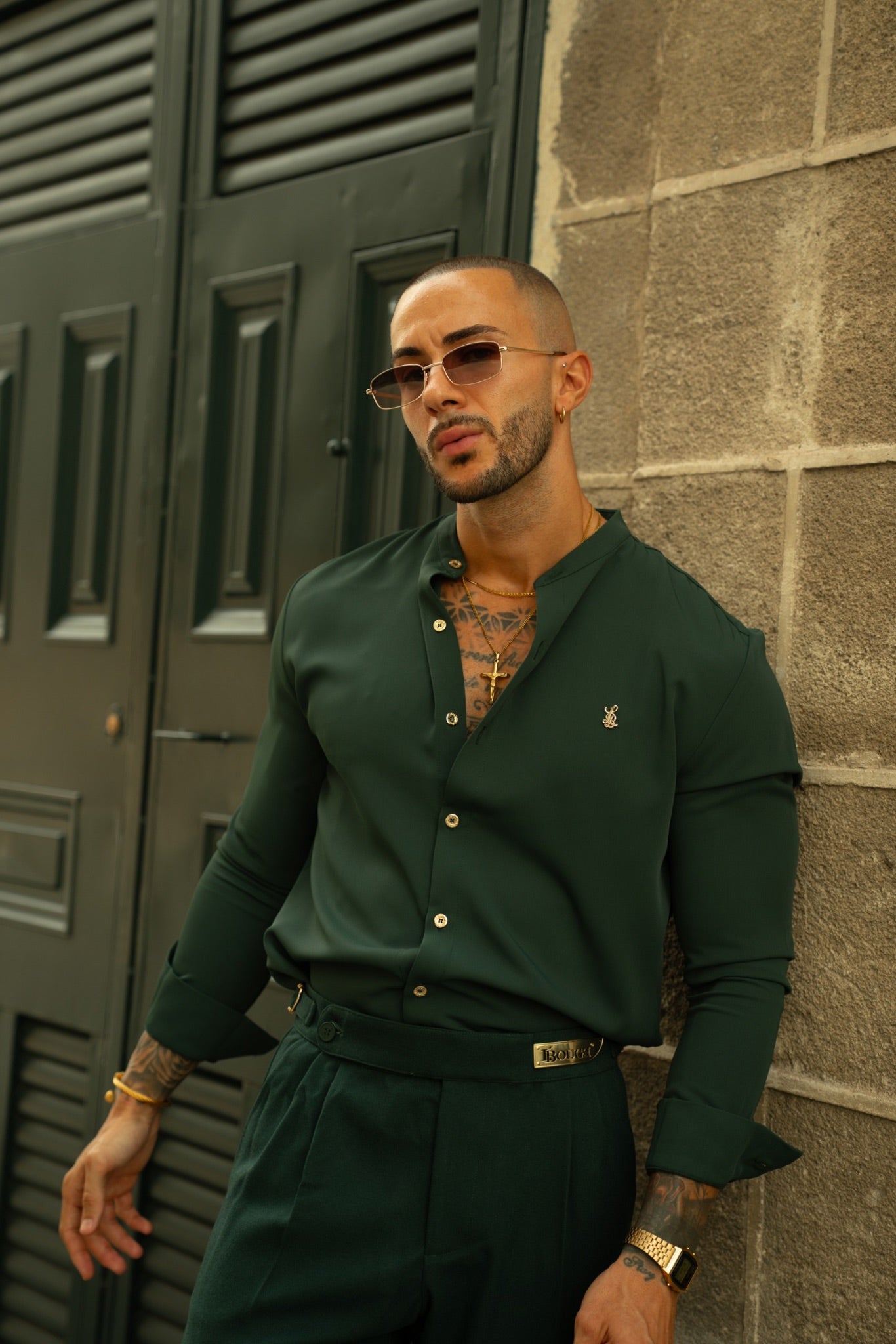 GRANDAD COLLAR SHIRT – DARK GREEN