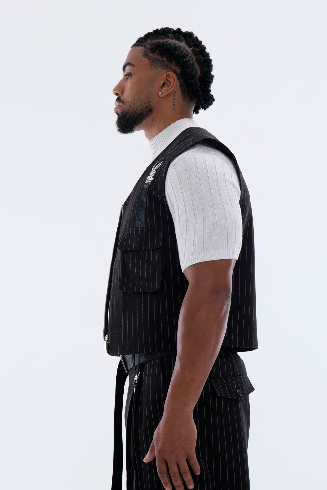 LEGACY CROPPED VEST – BLACK PINSTRIPE