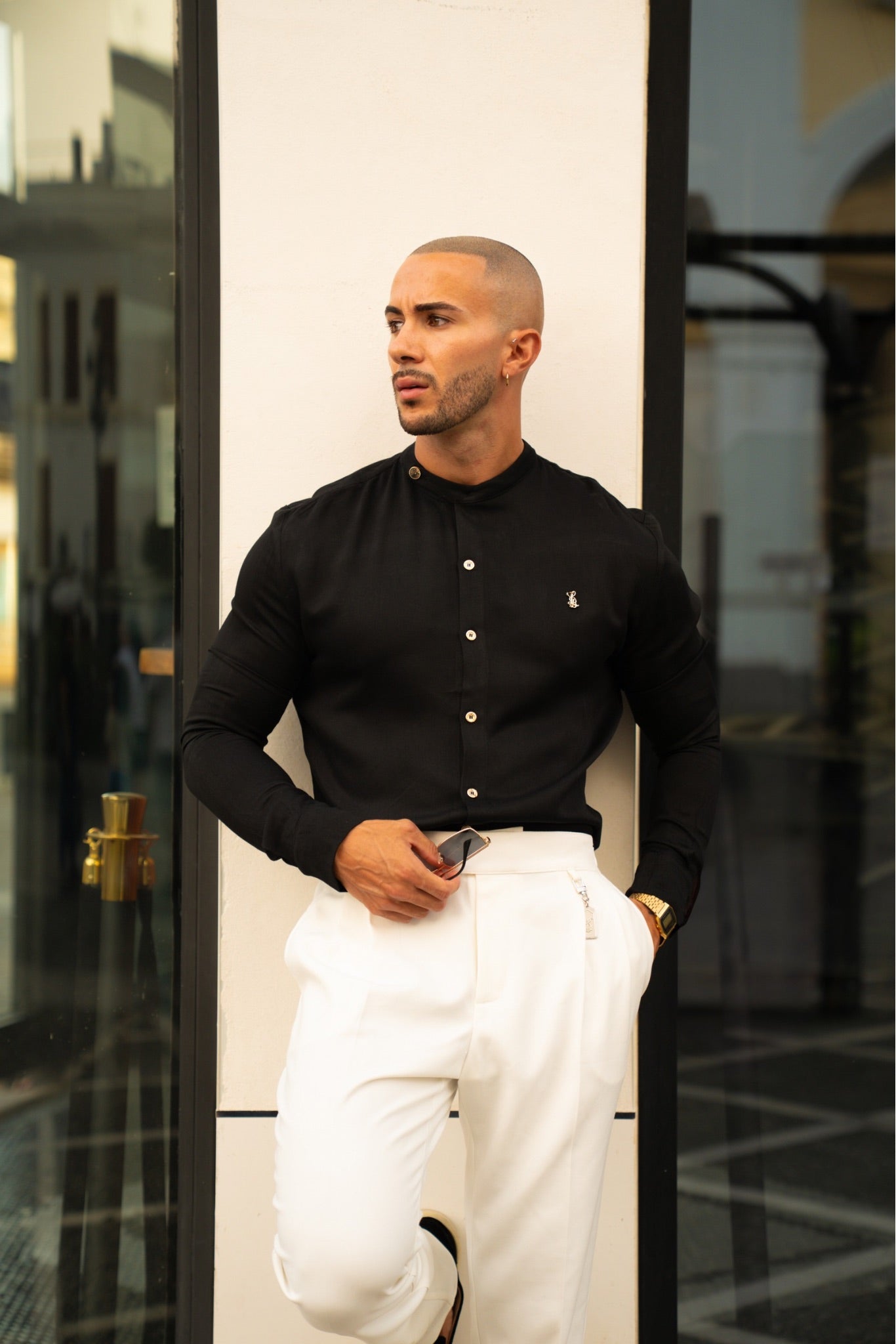 SIDE BUTTON GRANDAD COLLAR SHIRT – BLACK