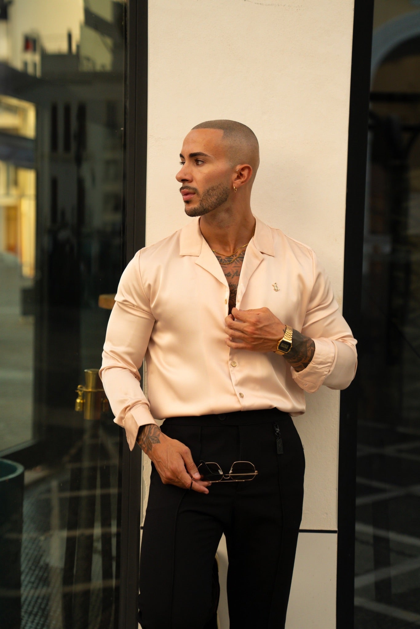 LONG SLEEVE SATIN SHIRT – CHAMPAGNE