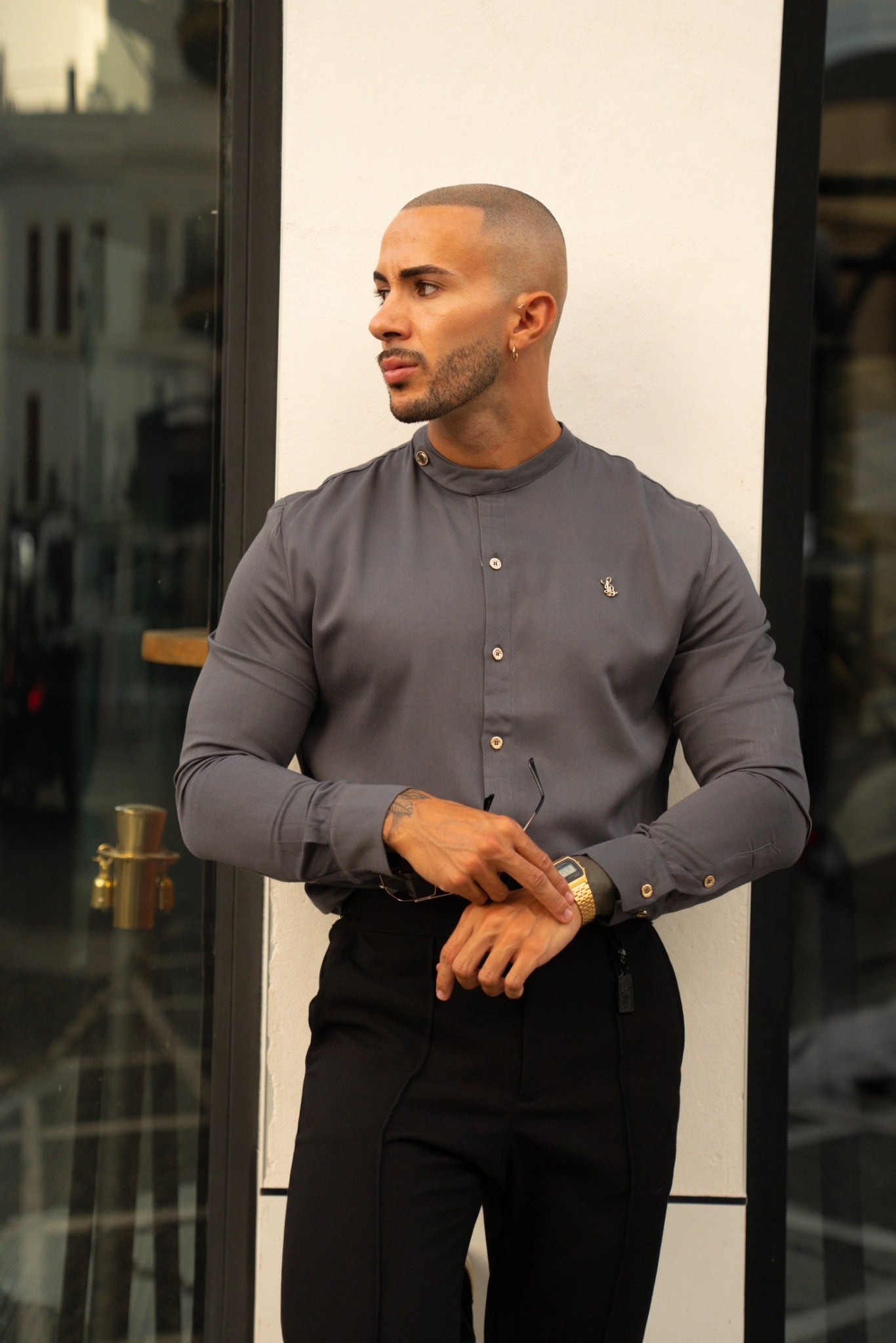 SIDE BUTTON GRANDAD COLLAR SHIRT – DARK GREY