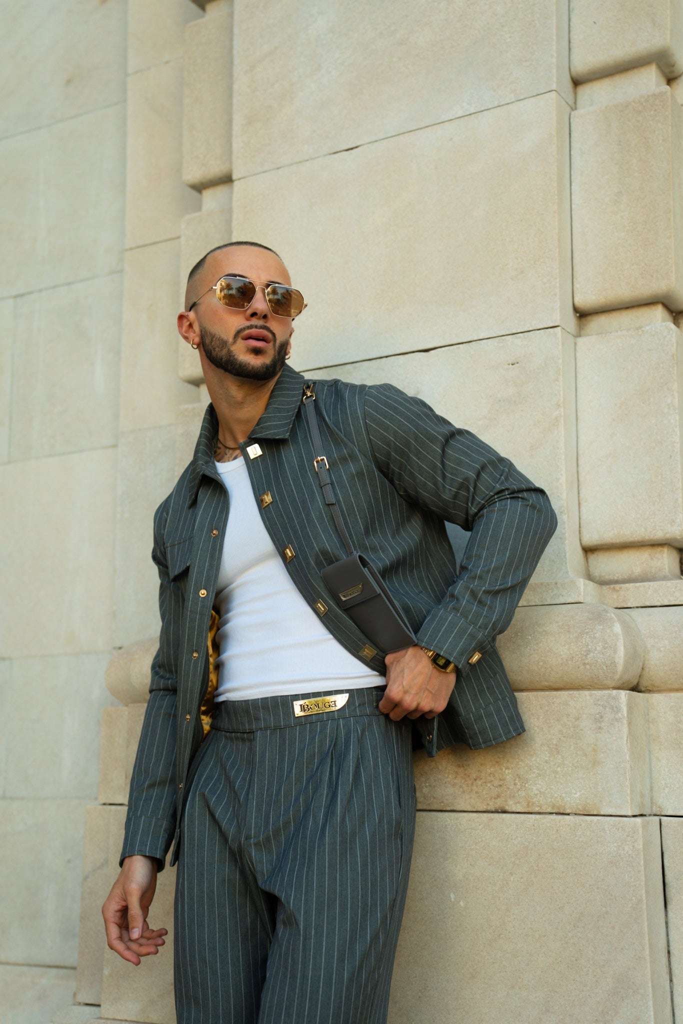 LEATHER STRAPPED JACKET – GREY PINSTRIPE