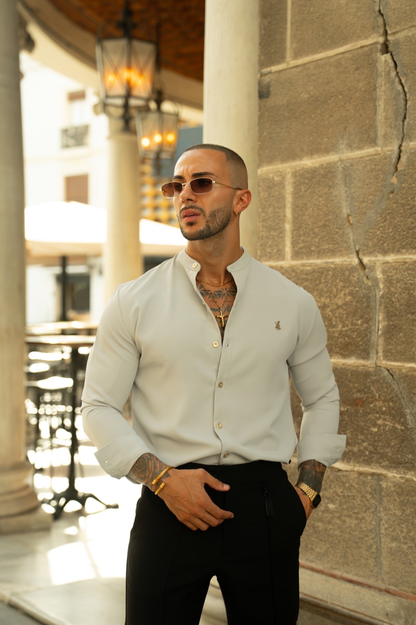 GRANDAD COLLAR SHIRT – GREY