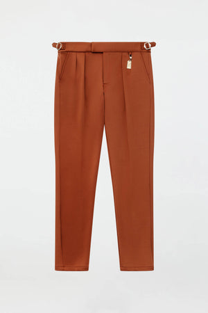 STRETCH COTTON PLEATED PANTS – BURNT SIENNA