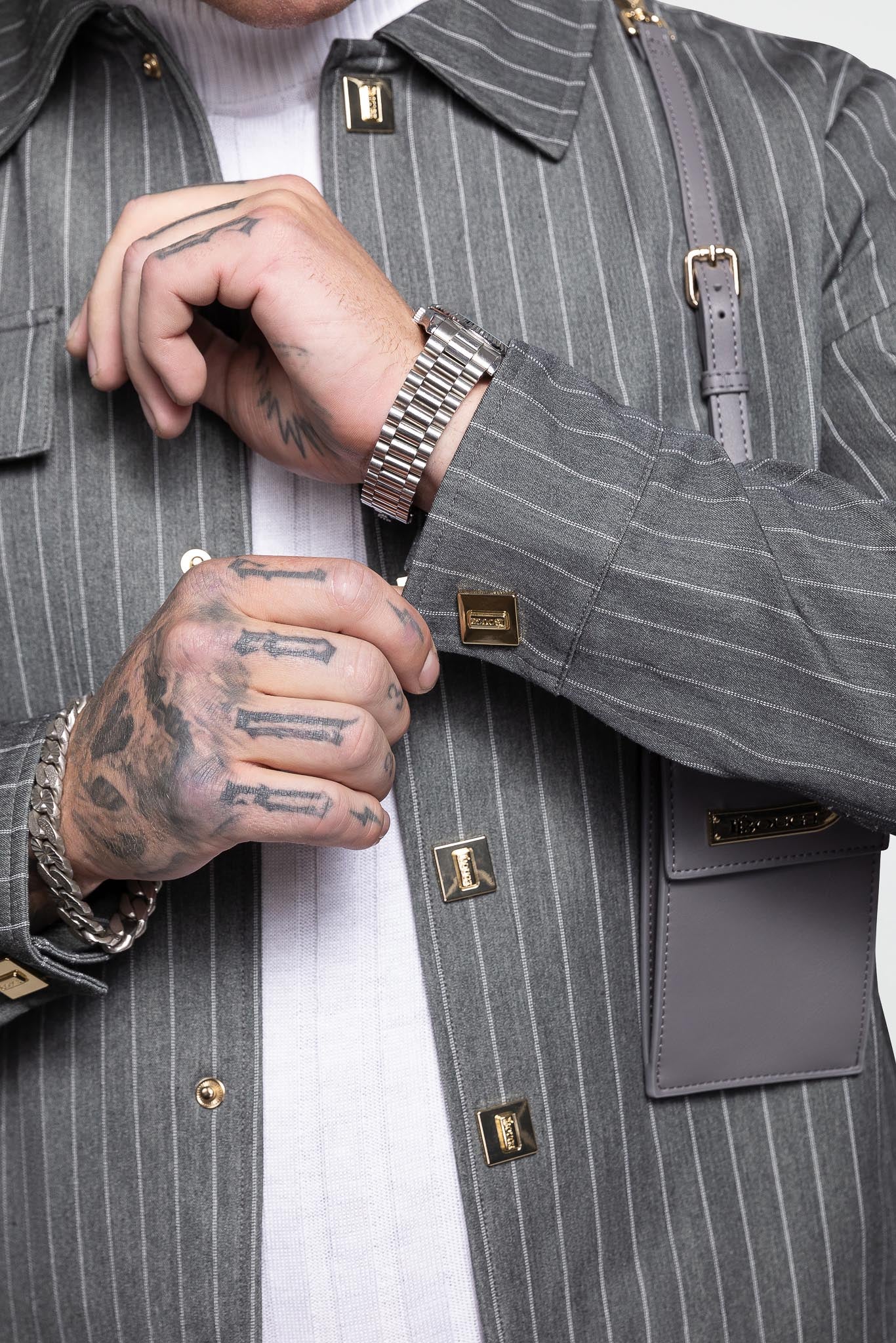 LEATHER STRAPPED JACKET – GREY PINSTRIPE