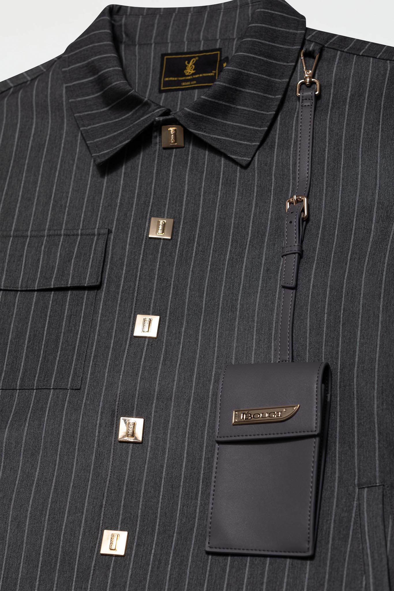 LEATHER STRAPPED JACKET – GREY PINSTRIPE