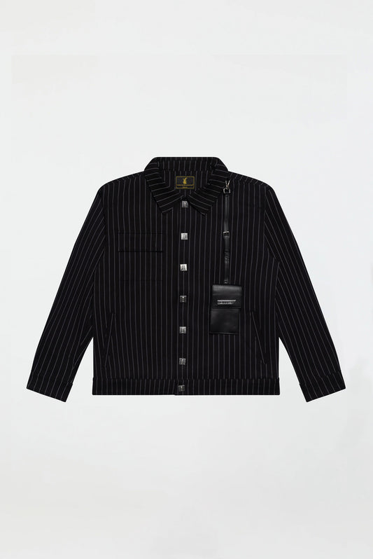 LEATHER STRAPPED JACKET – BLACK PINSTRIPE