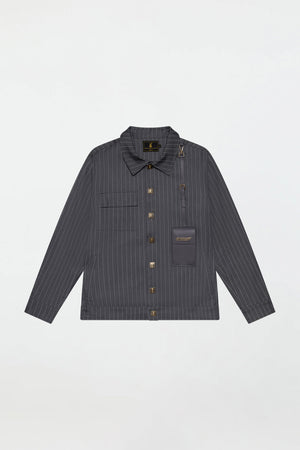 LEATHER STRAPPED JACKET – GREY PINSTRIPE