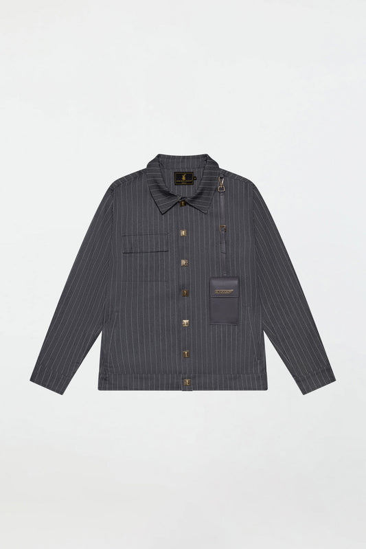 LEATHER STRAPPED JACKET – GREY PINSTRIPE