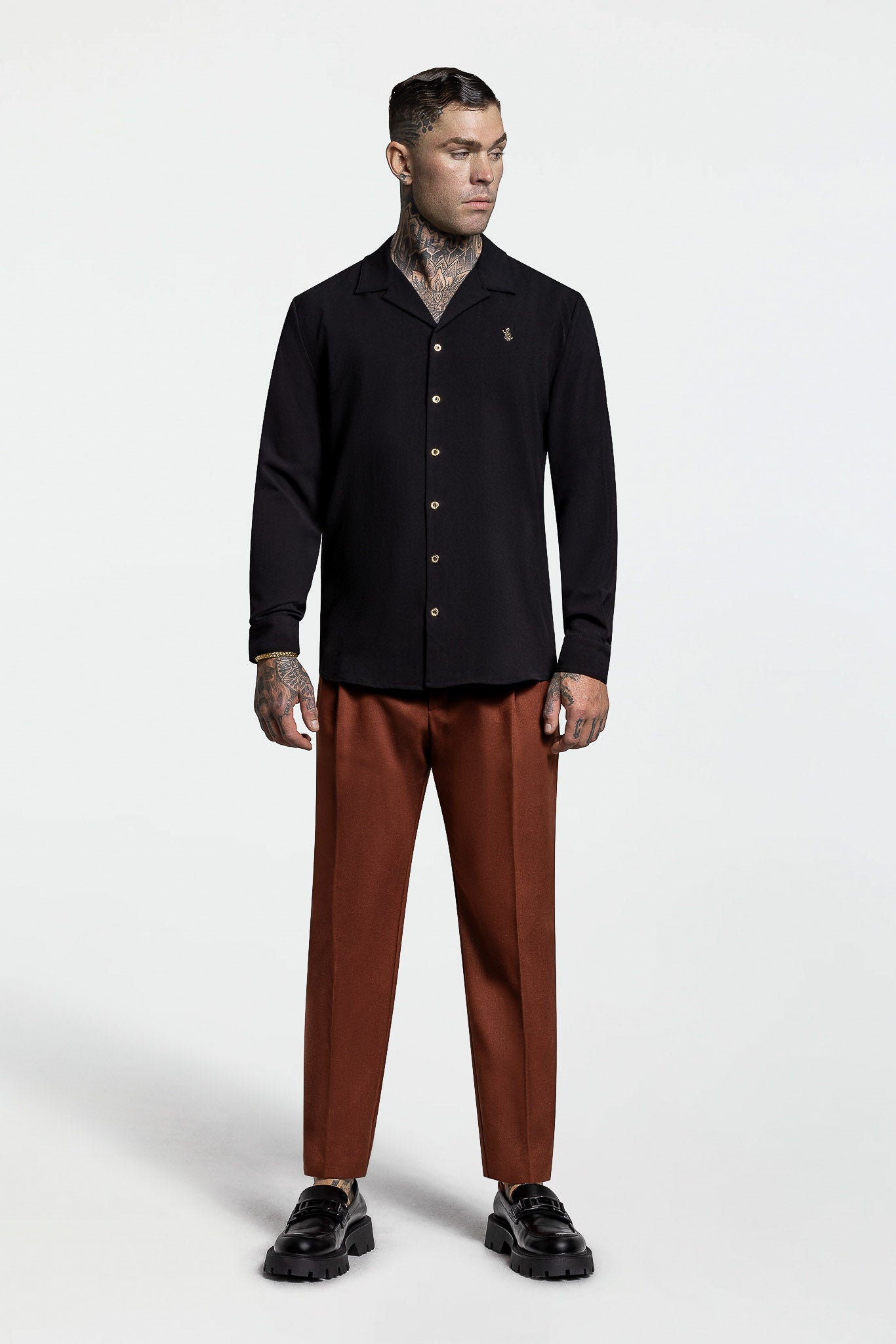 LONG SLEEVE REVERE COLLAR SHIRT – BLACK