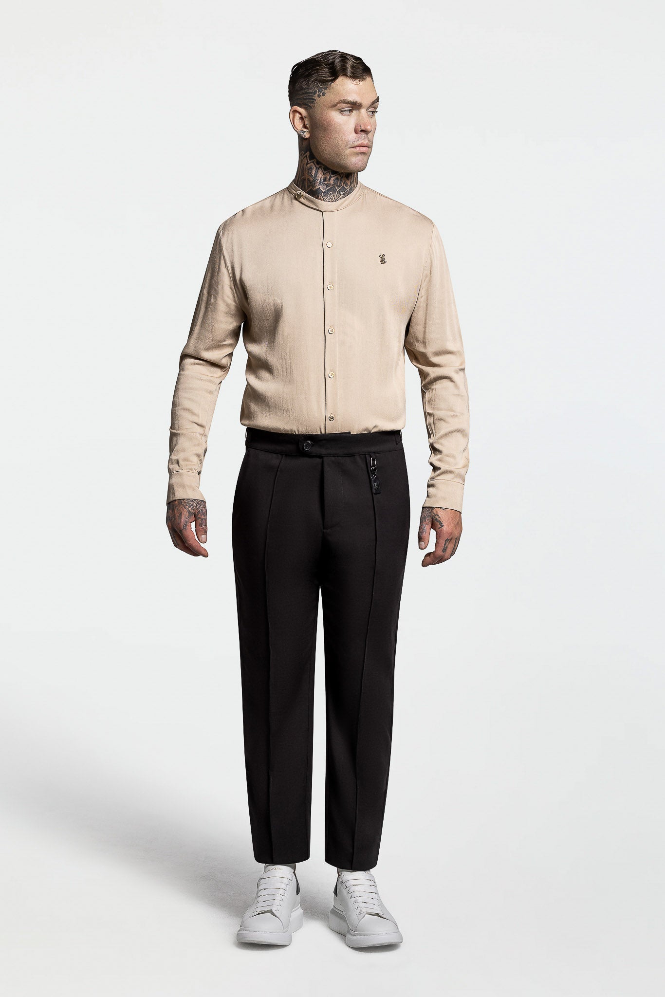 SIDE BUTTON GRANDAD COLLAR SHIRT – TAN