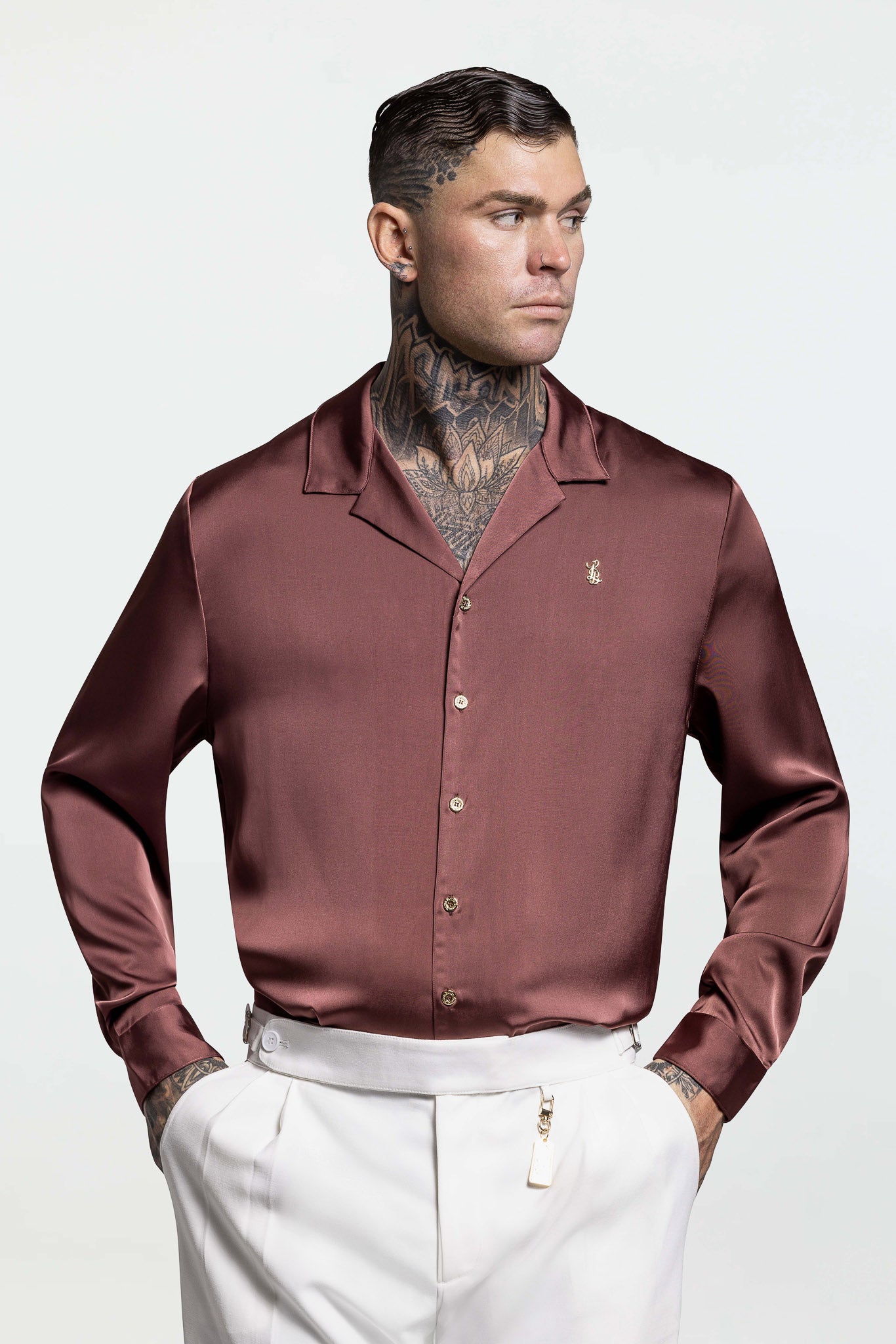 LONG SLEEVE SATIN SHIRT – BROWN