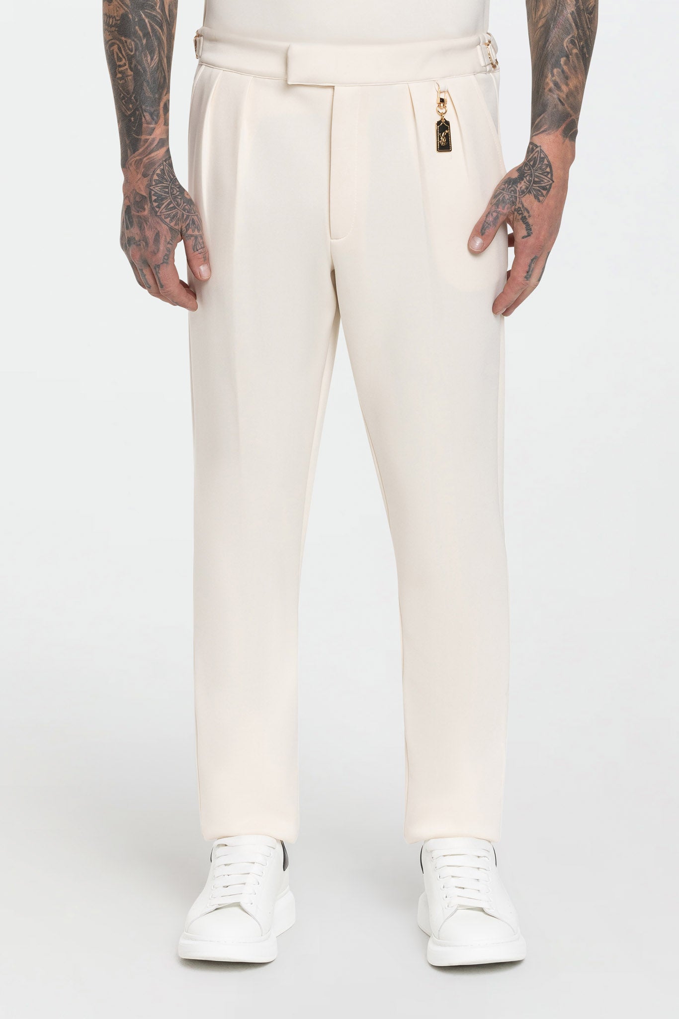 STRETCH COTTON PLEATED PANTS – IVORY