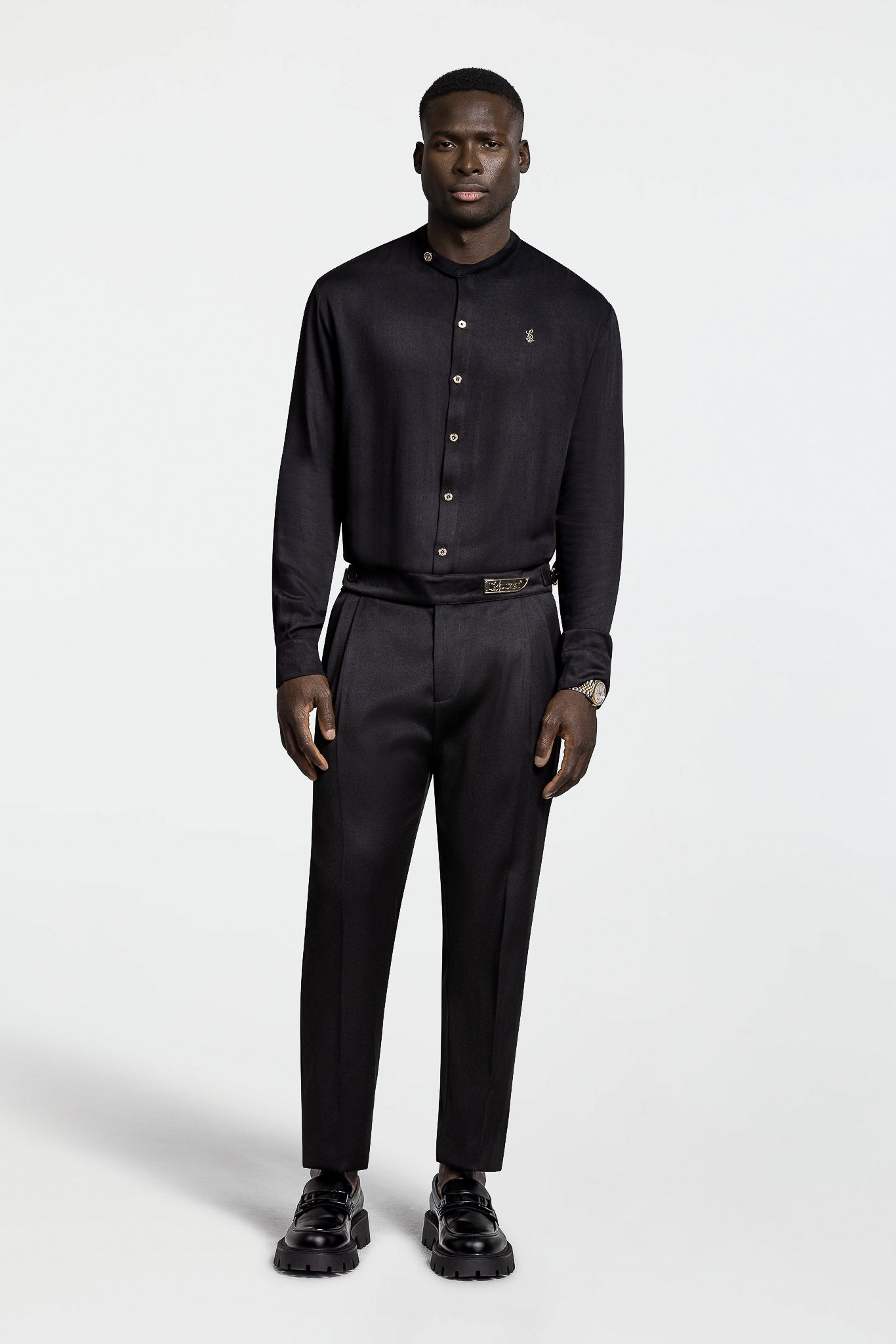 SIDE BUTTON GRANDAD COLLAR SHIRT – BLACK