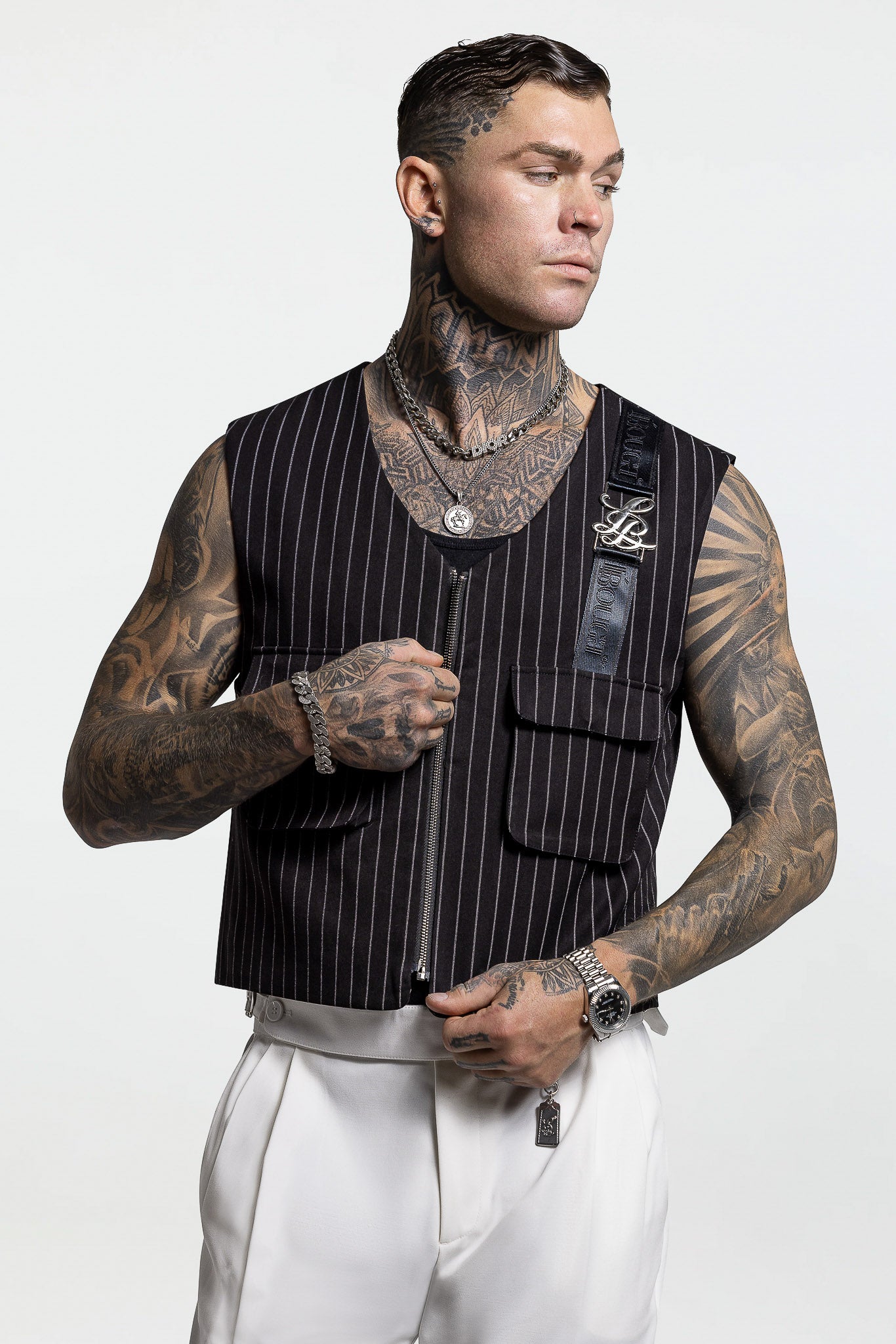 CROPPED VEST – BLACK PINSTRIPE