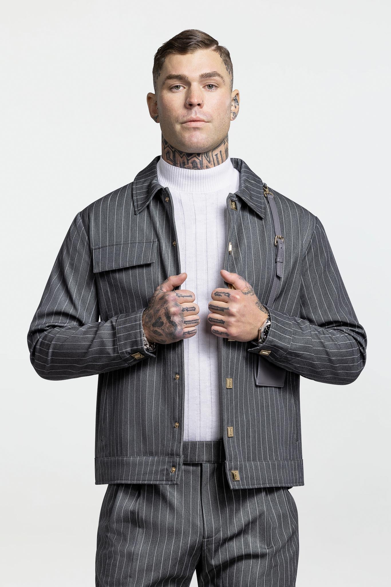 LEATHER STRAPPED JACKET – GREY PINSTRIPE