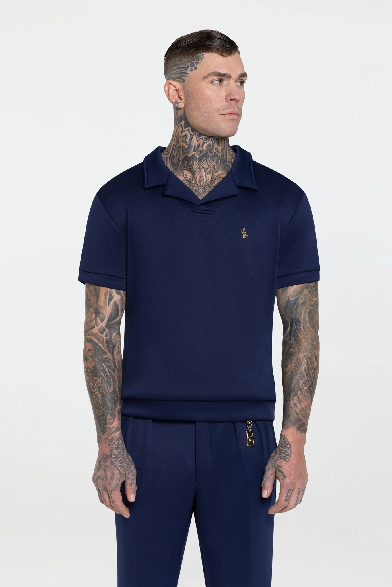 STRETCH COTTON REVERE COLLAR POLO SHIRT – NAVY BLUE