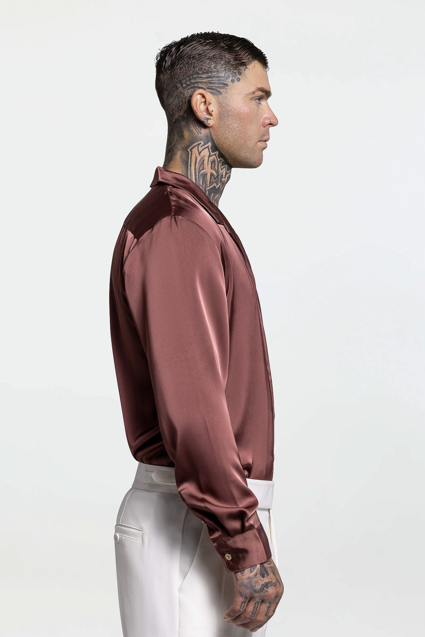 LONG SLEEVE SATIN SHIRT – BROWN