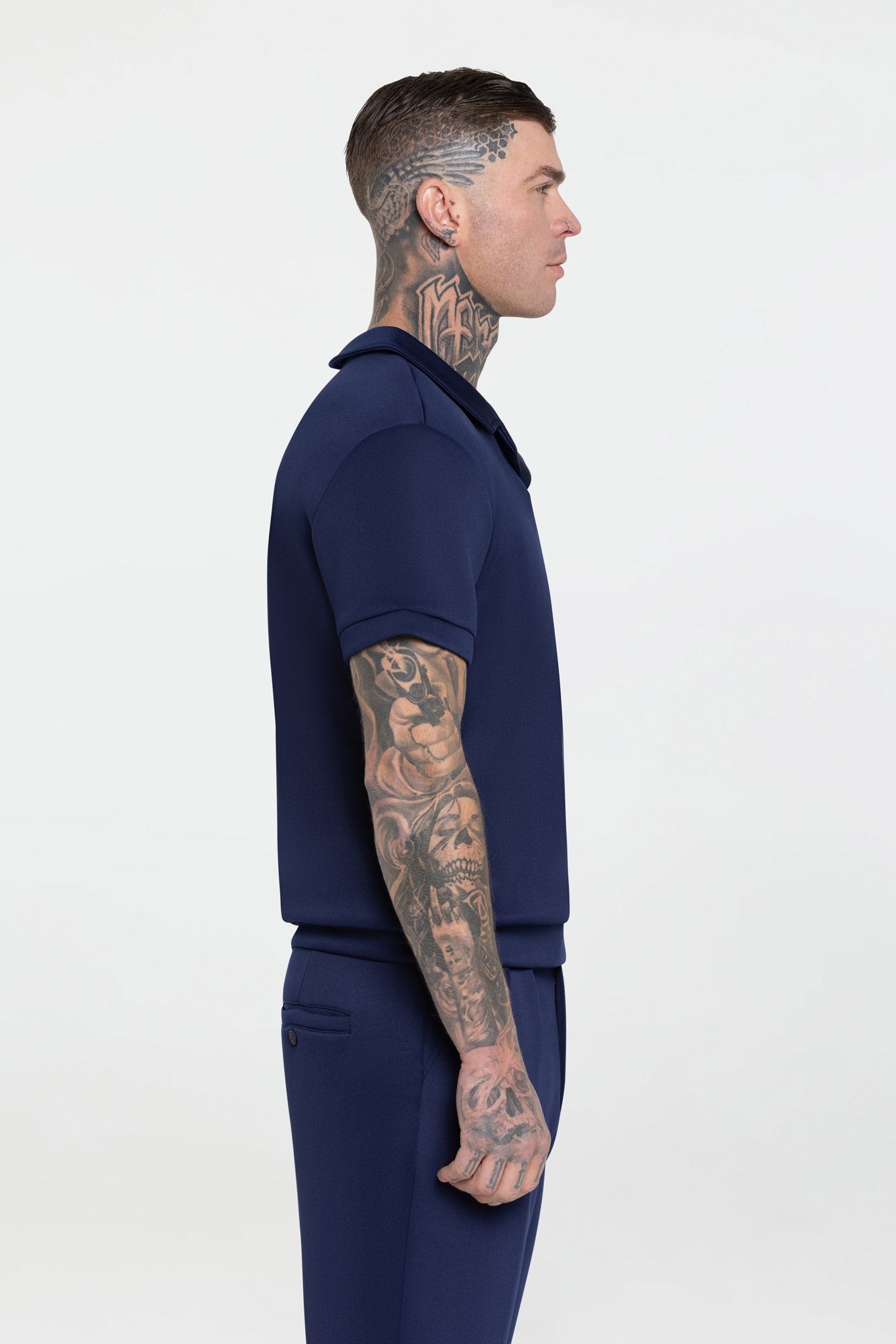STRETCH COTTON REVERE COLLAR POLO SHIRT – NAVY BLUE