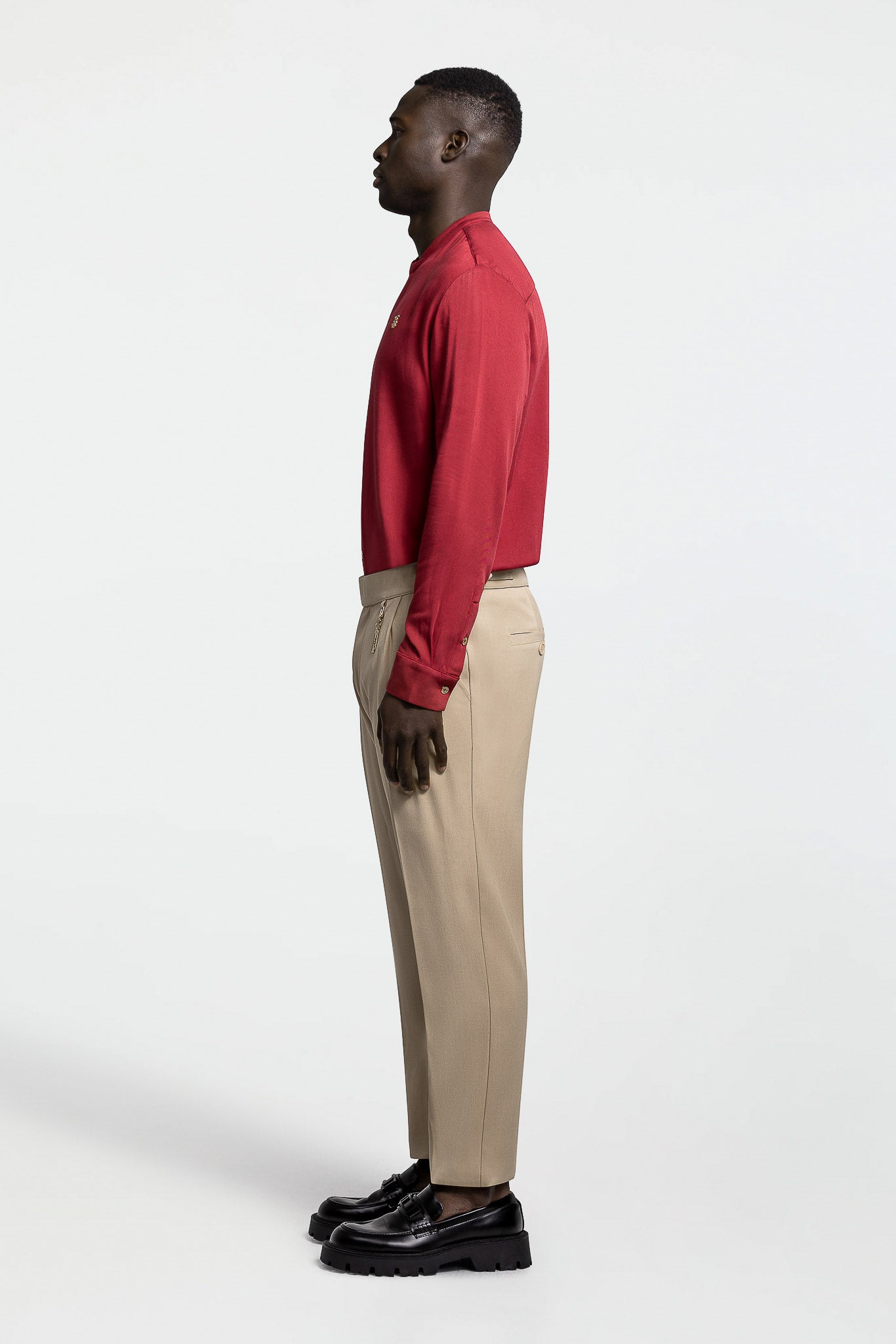 SIDE BUTTON GRANDAD COLLAR SHIRT – CARDINAL RED