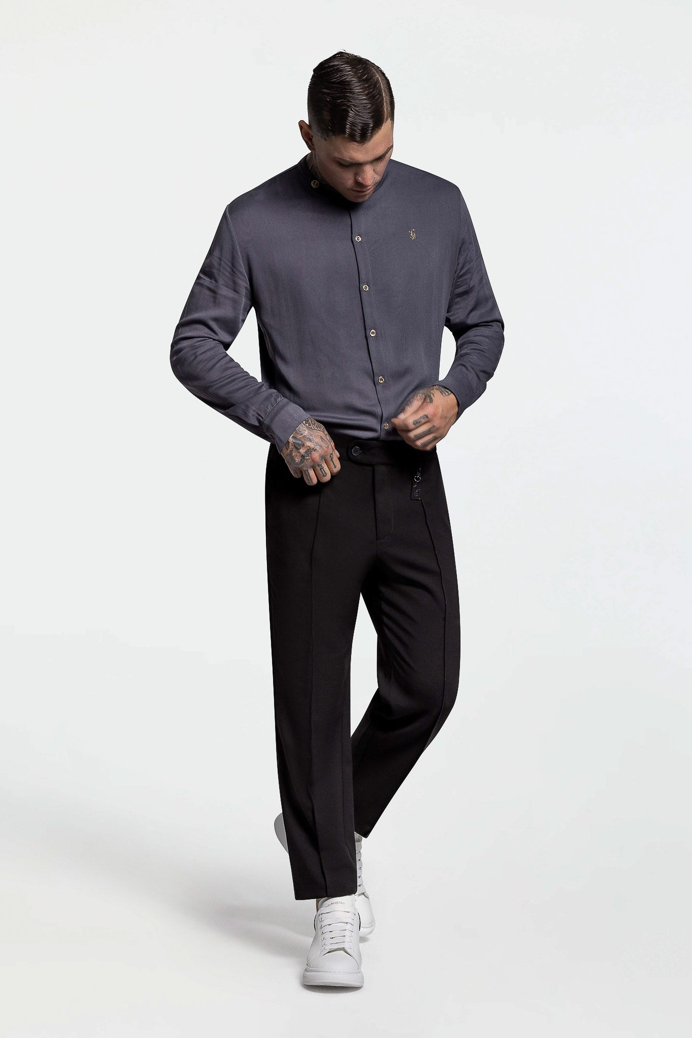 SIDE BUTTON GRANDAD COLLAR SHIRT – DARK GREY