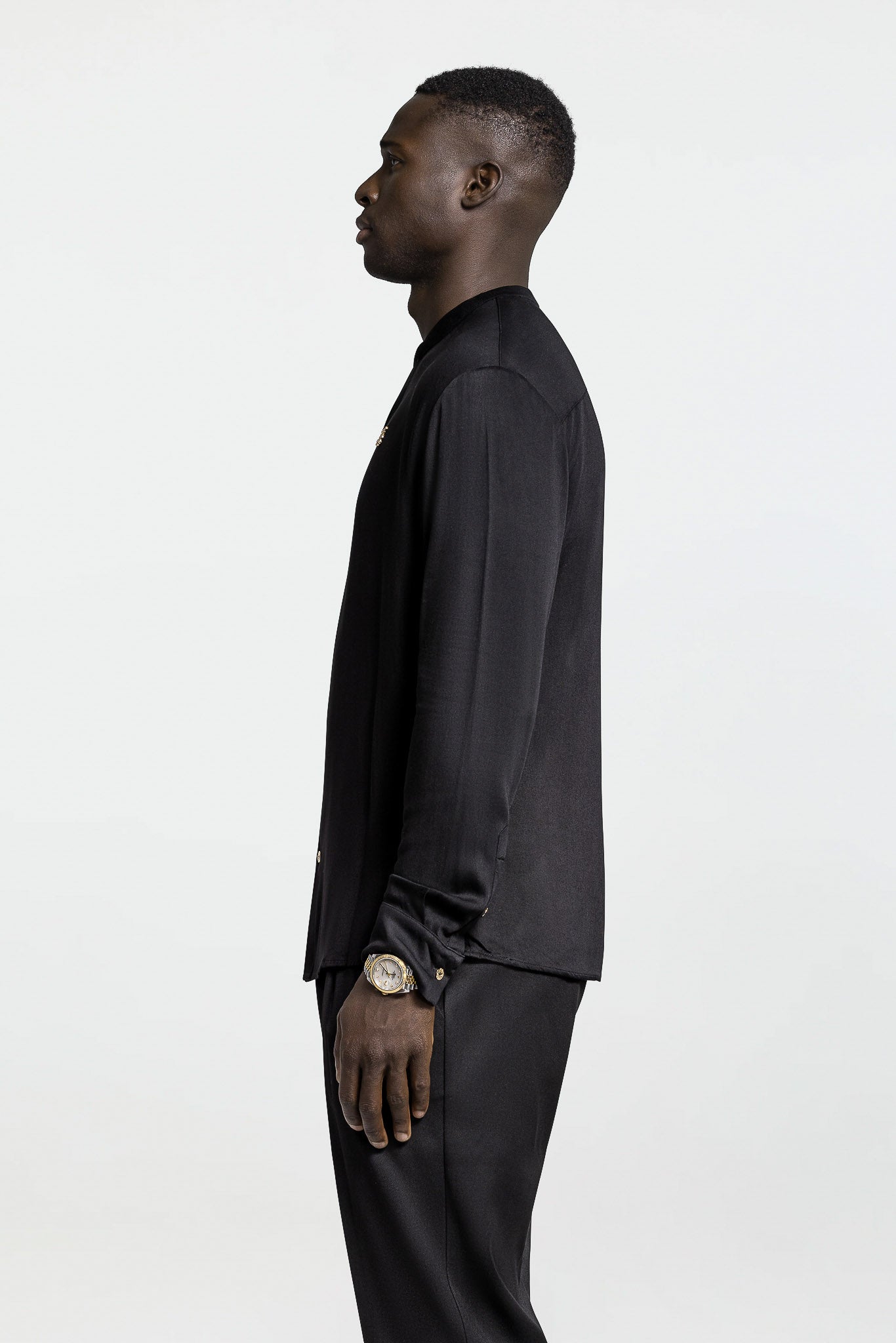 SIDE BUTTON GRANDAD COLLAR SHIRT – BLACK
