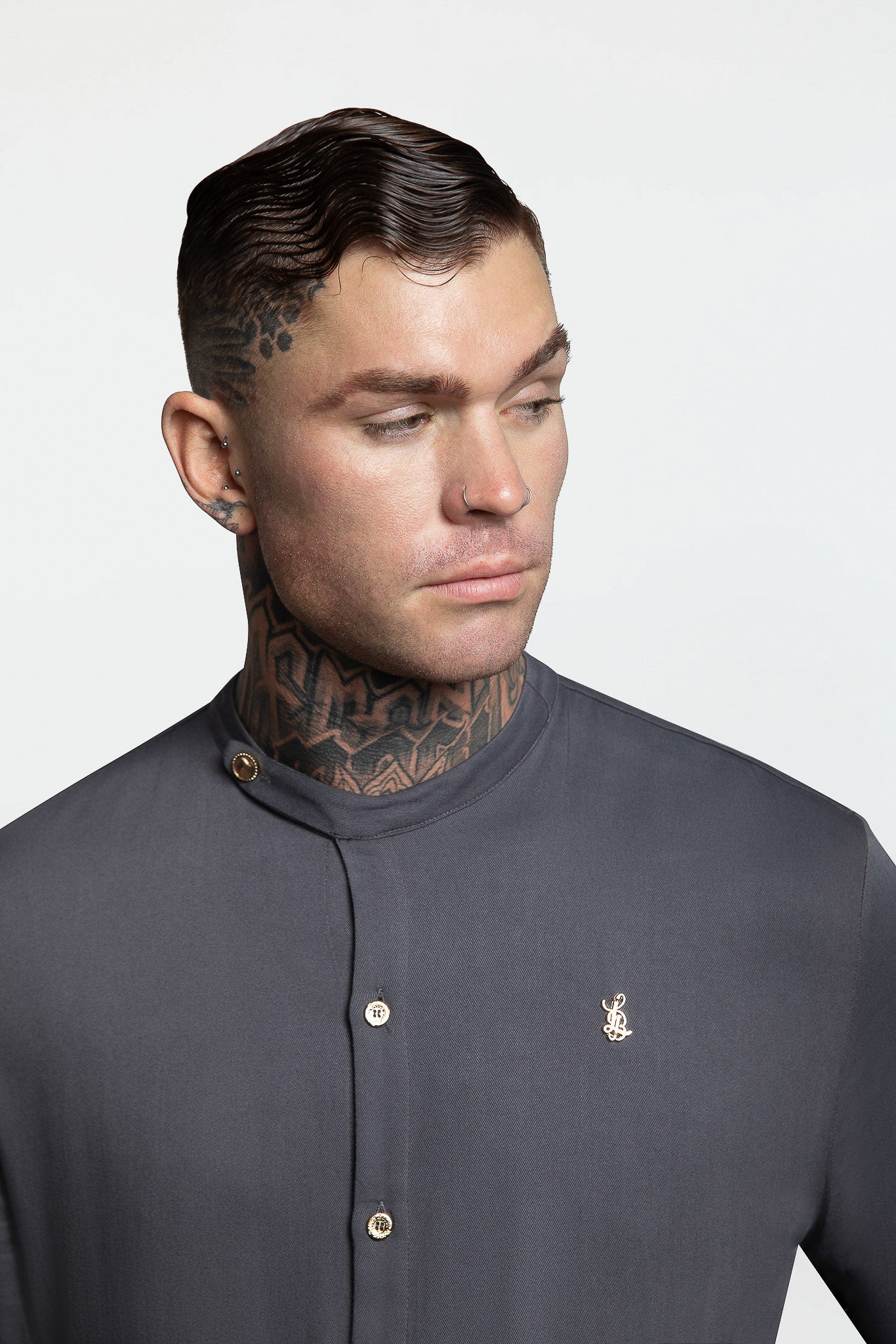SIDE BUTTON GRANDAD COLLAR SHIRT – DARK GREY