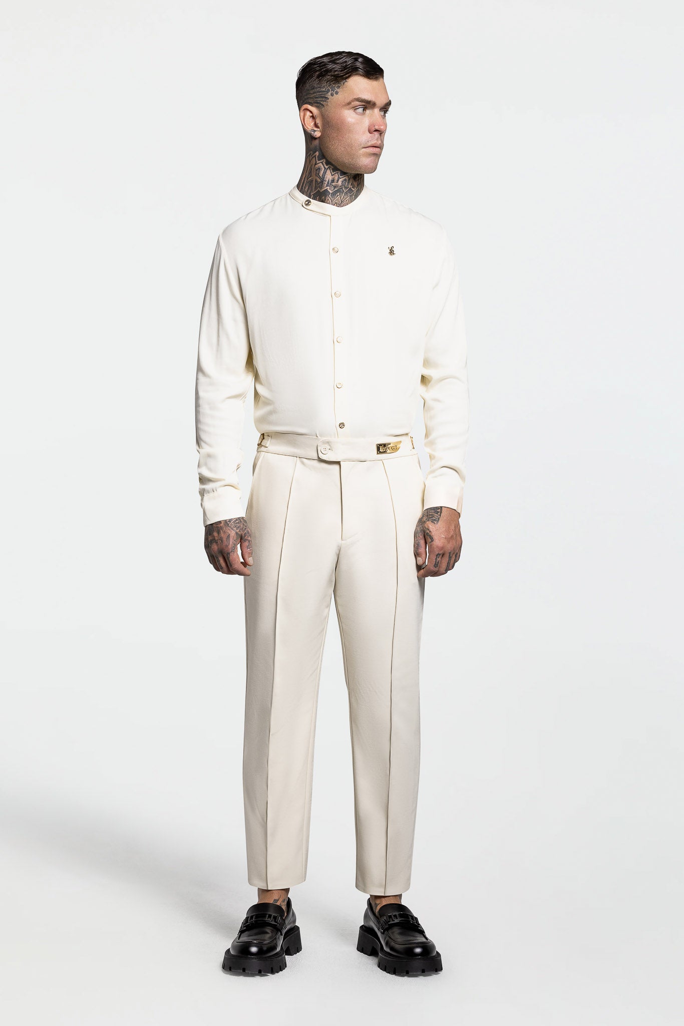 SIDE BUTTON GRANDAD COLLAR SHIRT – ECRU