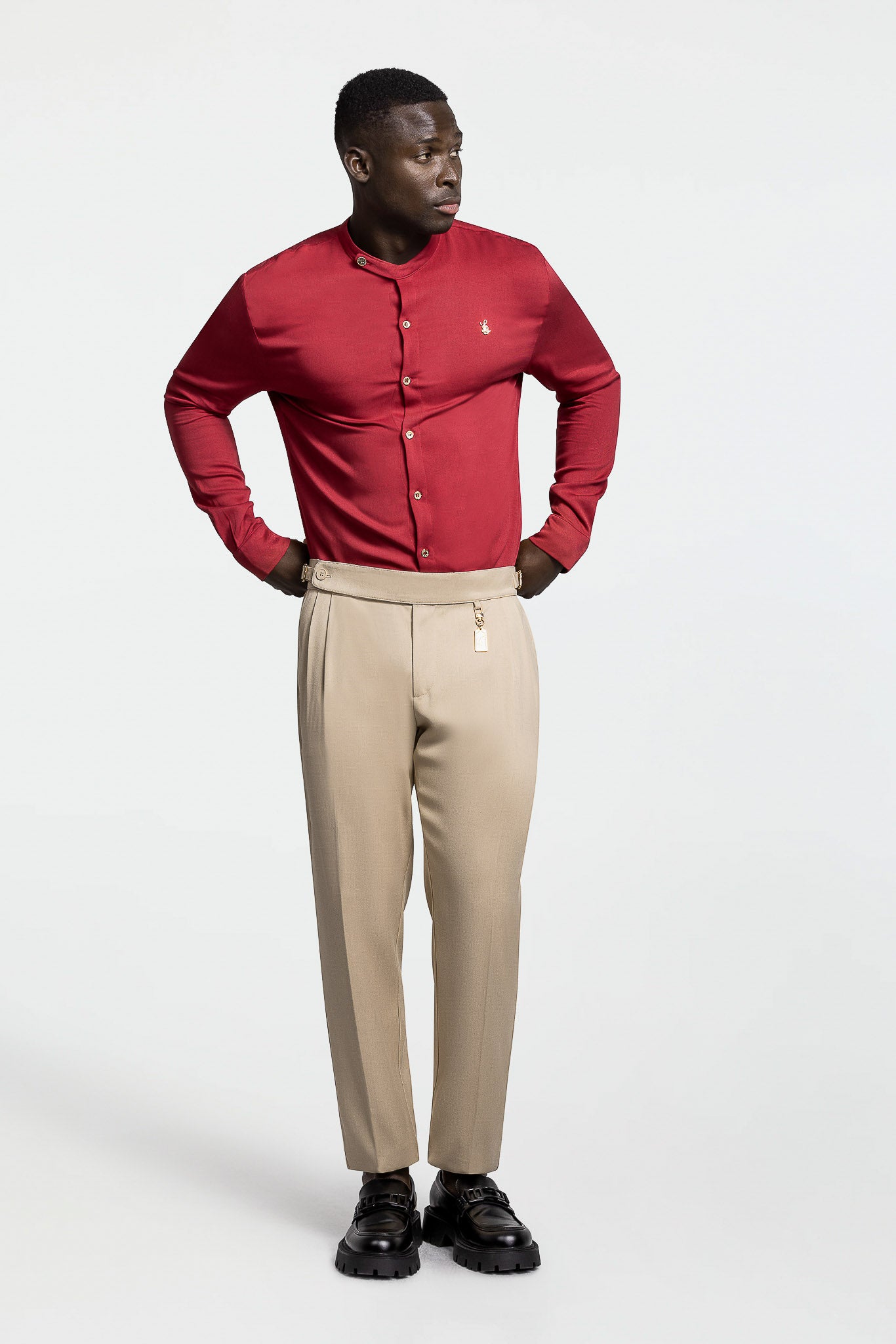 SIDE BUTTON GRANDAD COLLAR SHIRT – CARDINAL RED