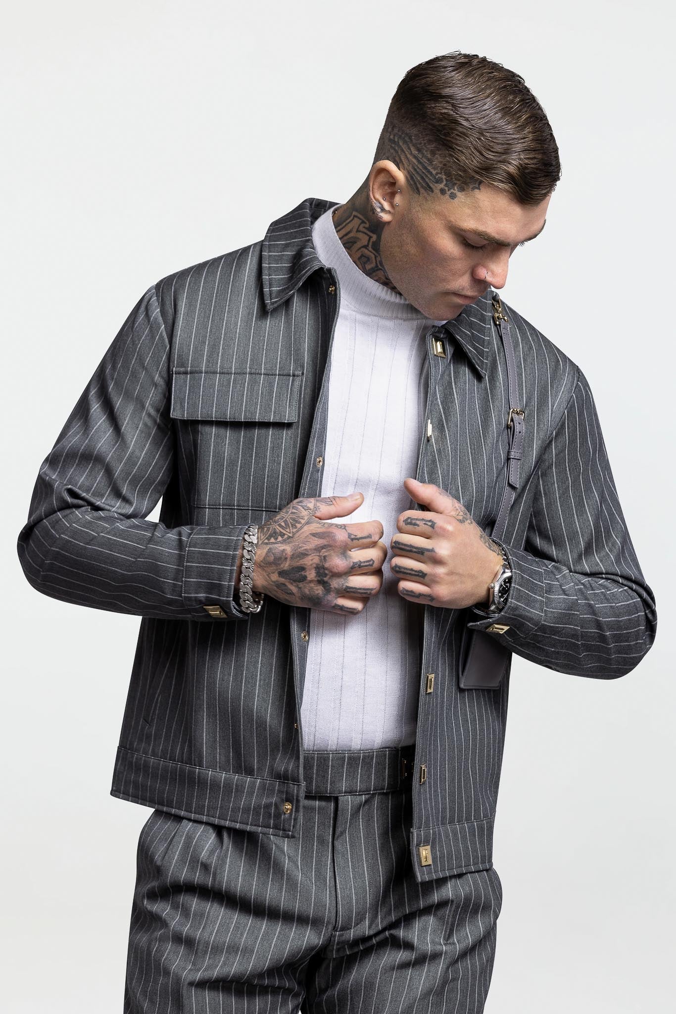 LEATHER STRAPPED JACKET – GREY PINSTRIPE