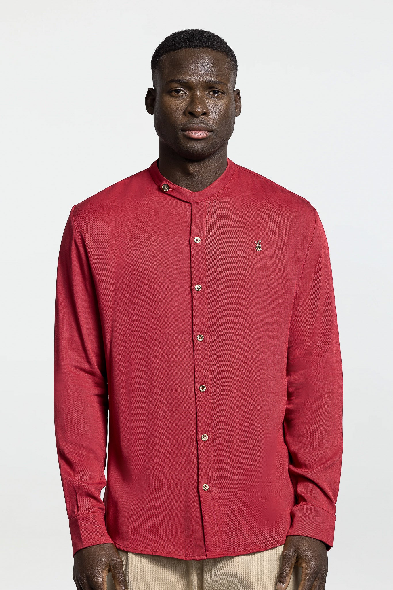SIDE BUTTON GRANDAD COLLAR SHIRT – CARDINAL RED